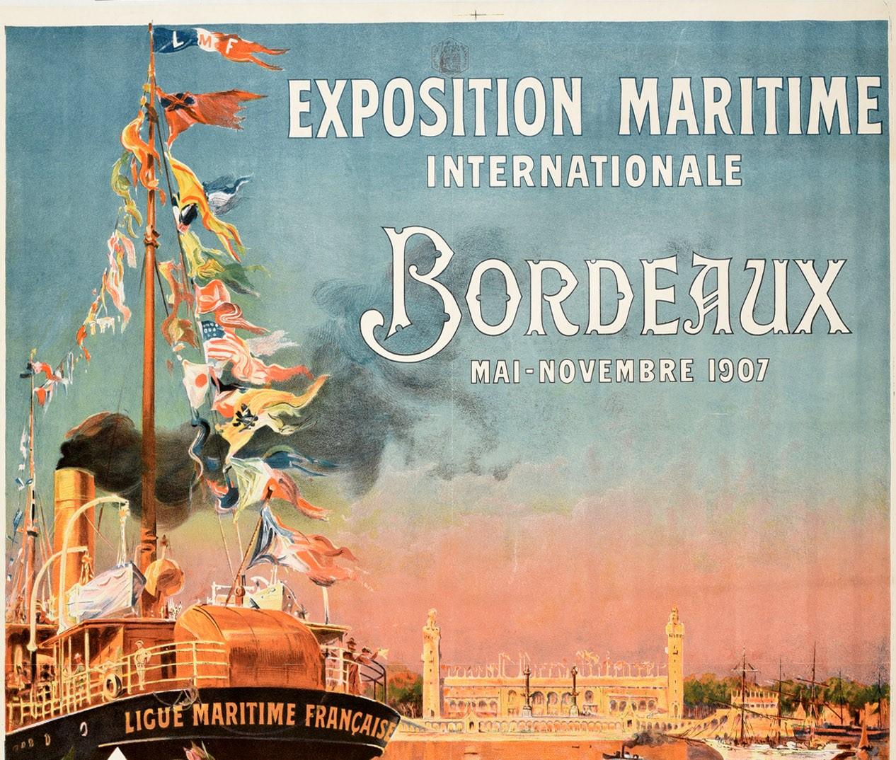 Original antique poster advertising the International Maritime Exhibition Bordeaux 1907 / Exposition Maritime Internationale Bordeaux 1907 featuring a great image by Antoine Ponchin (1872-1933) depicting a sailor rowing a fashionably dressed lady in