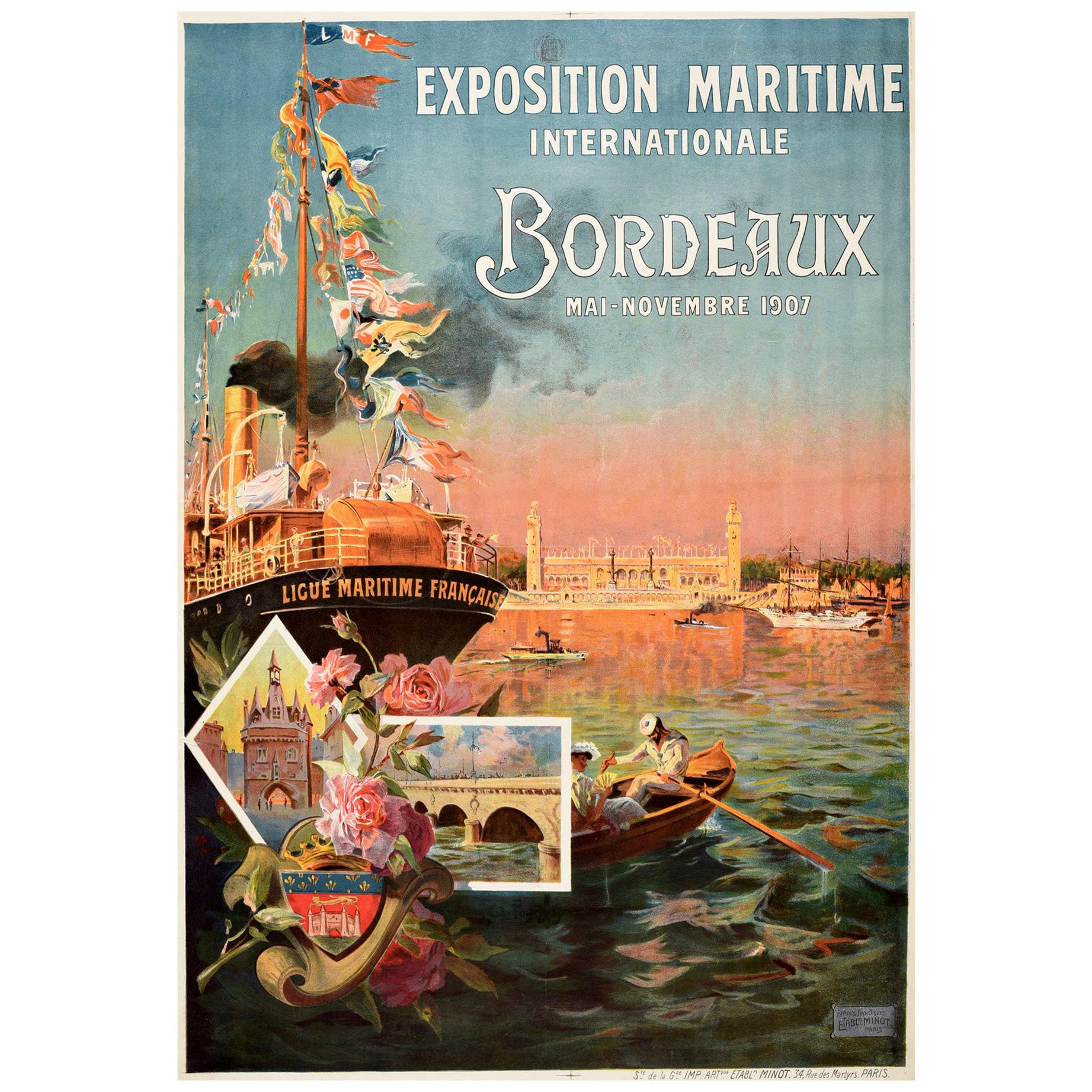Original Antique Poster Exposition Maritime Internationale Bordeaux 1907 France