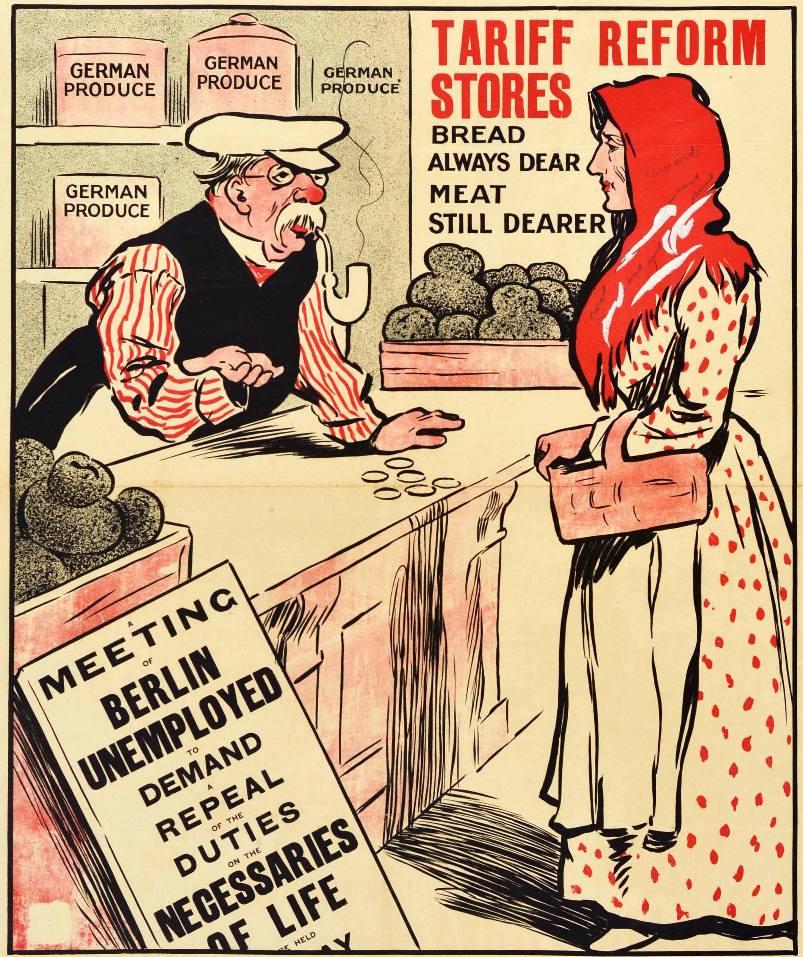 Original antique political election propaganda poster issued by the Liberal Party in support of Tariff Reform - An Eye Opener - featuring an illustration of a German shopkeeper wearing glasses, a white hat and black waistcoat over a striped shirt
