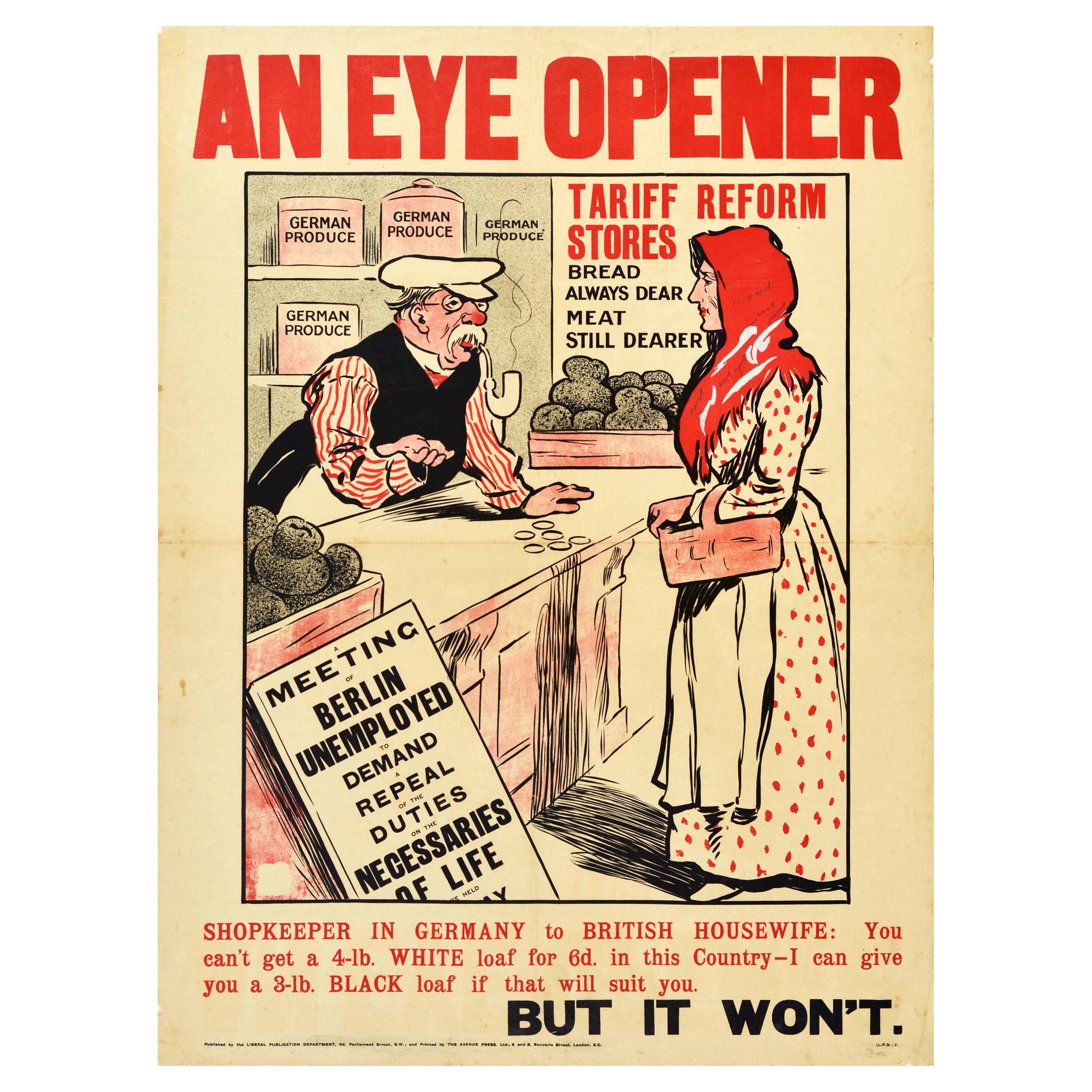 Original Antique Poster Eye Opener Tariff Reform Food Taxes German British Bread