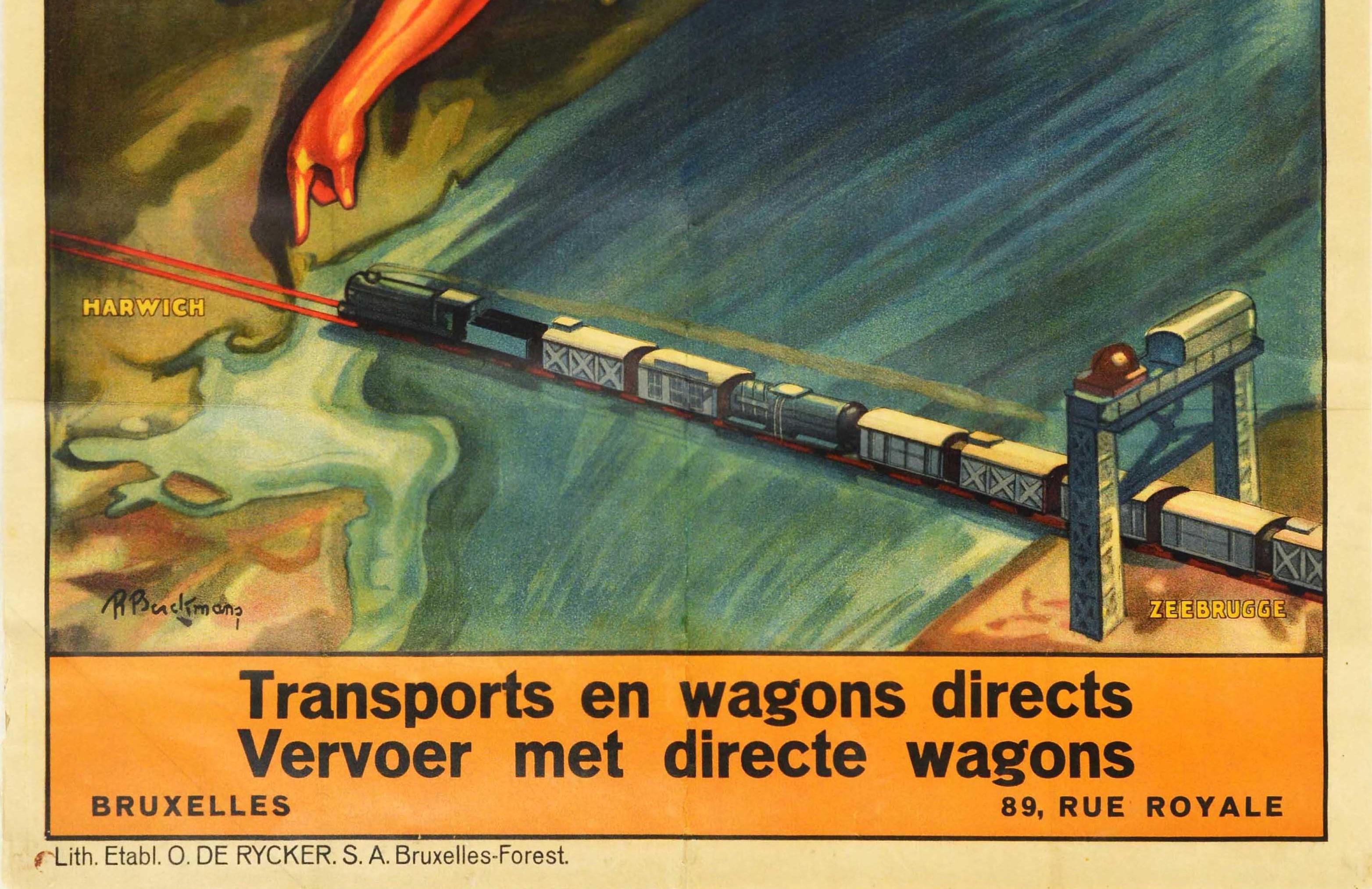 Original Antikes Original-Poster, Schiffe, Boote, Zeebrugge Harwich, Eisenbahn, Reisen, Transport (Belgisch) im Angebot