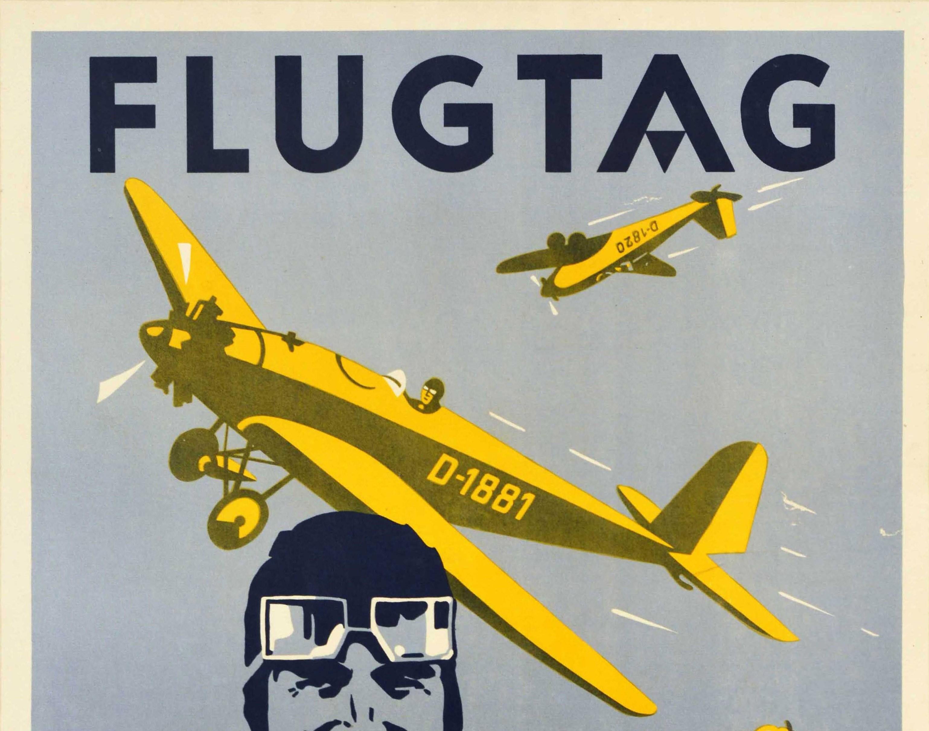 Original antique poster for the Flugtag Arbeitsgemeinschaft Bayerischer Piloten / Flight Day Working Group of Bavarian Pilots featuring a great design depicting a smiling pilot in parachute uniform with propeller planes in the background flying by
