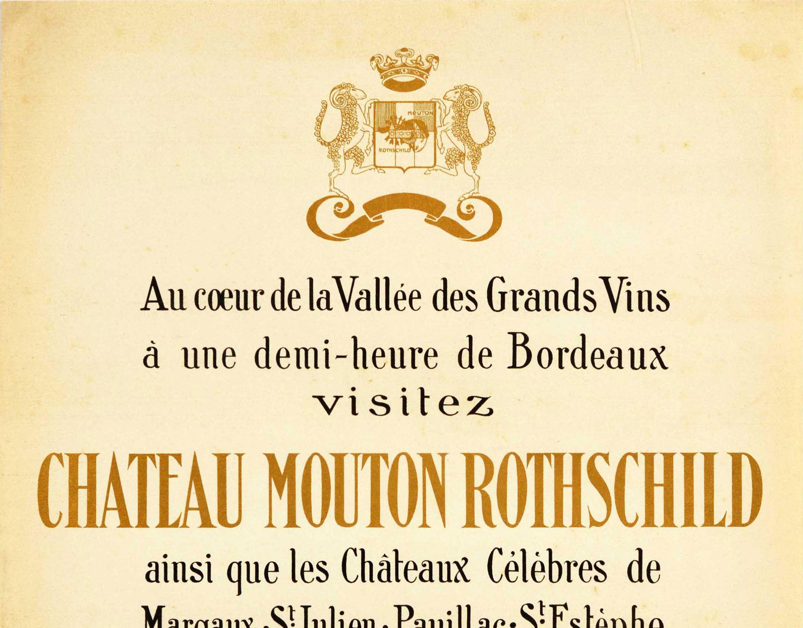 Original antique drink advertising poster for the historic Chateau Mouton Rothschild wine estate in the Medoc region of Bordeaux featuring a coat of arms at the top with an itinerary for visiting the vineyard and two coat of arms below for Mouton