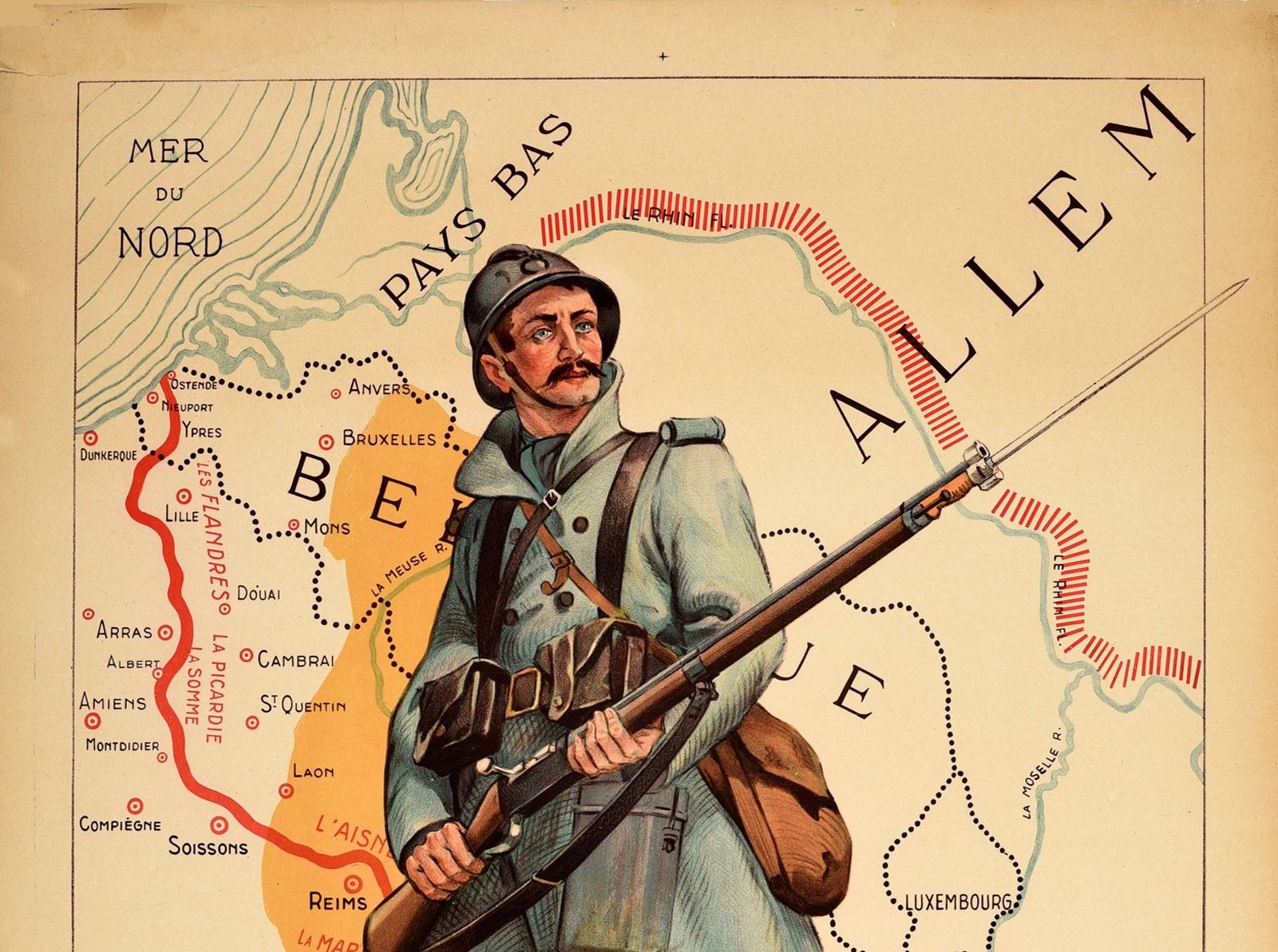 Original antique World War One poster - French Infantry In Battle / L'Infanterie Francais Dans La Bataille - featuring an image of a French soldier in uniform wearing a winter coat and helmet and holding a bayonet rifle gun in front of a map of