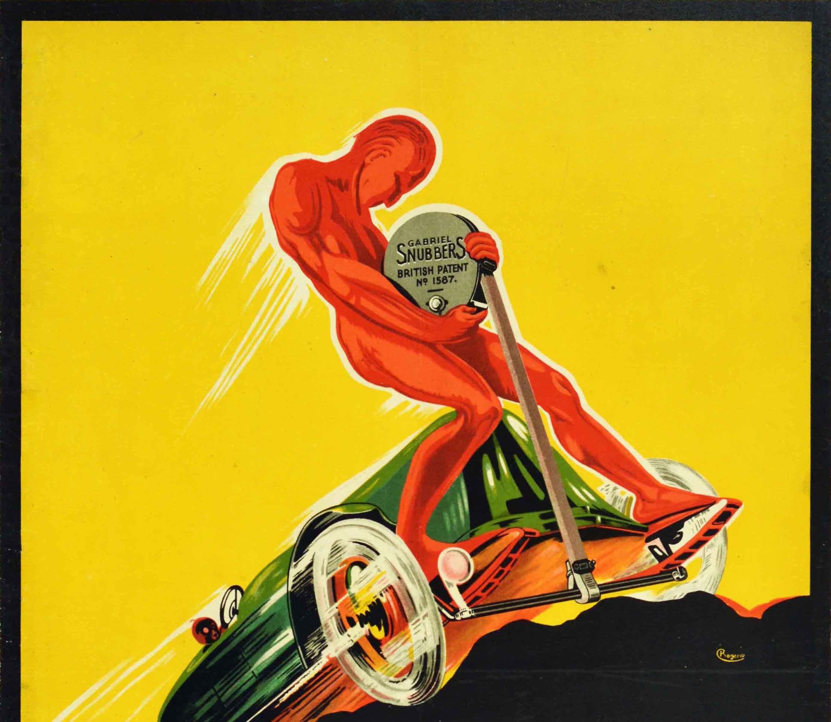 Original vintage advertising poster for Gabriel Snubbers Rebound Shock Absorbers Take the Bounce out of Motoring featuring a great Art Deco design depicting a classic car driving speed over bumps with a figure at the front holding the front securely