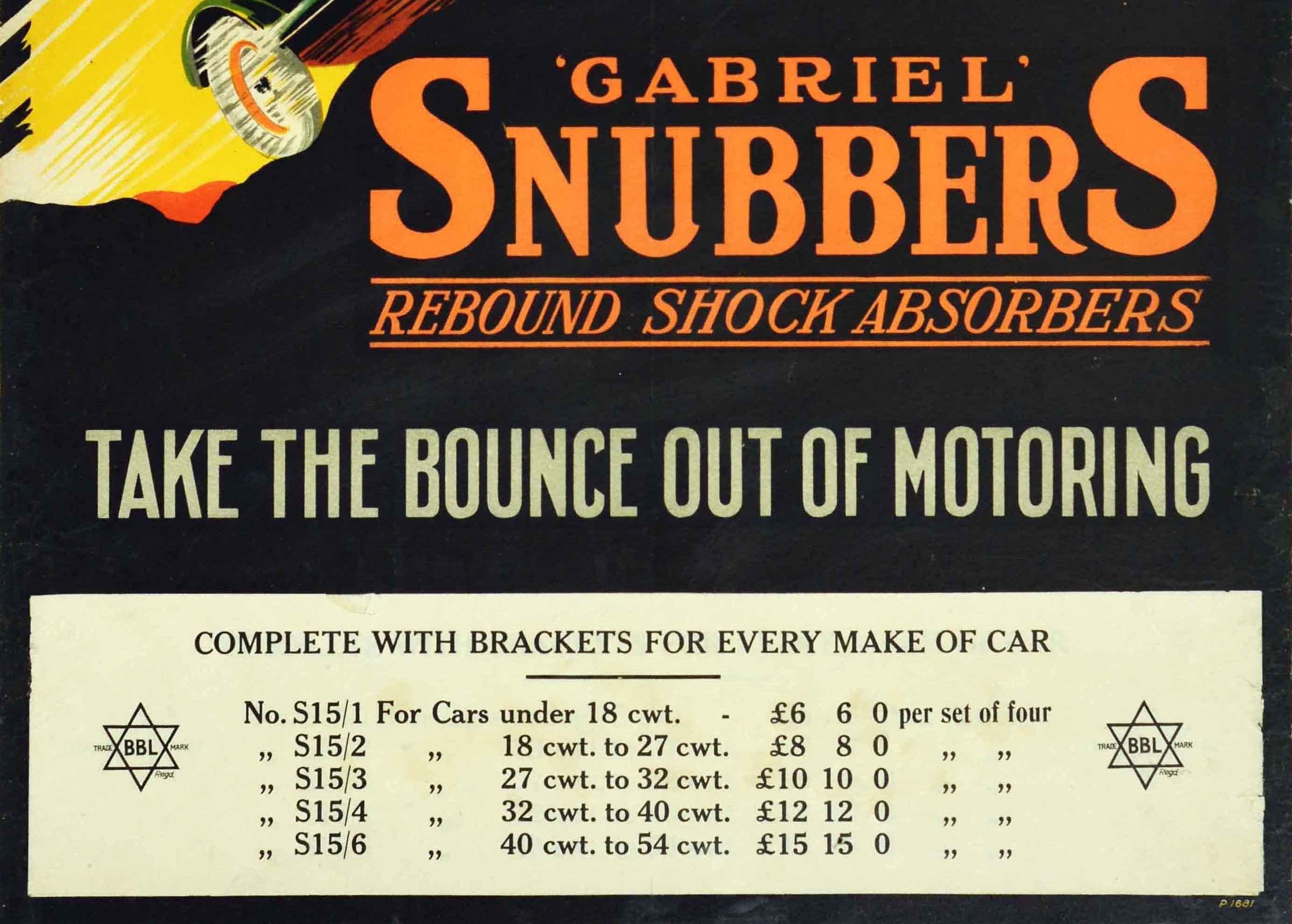 Art déco Affiche ancienne d'origine Gabriel Snubbers Rebound Shock Absorbers Classic Car Art en vente