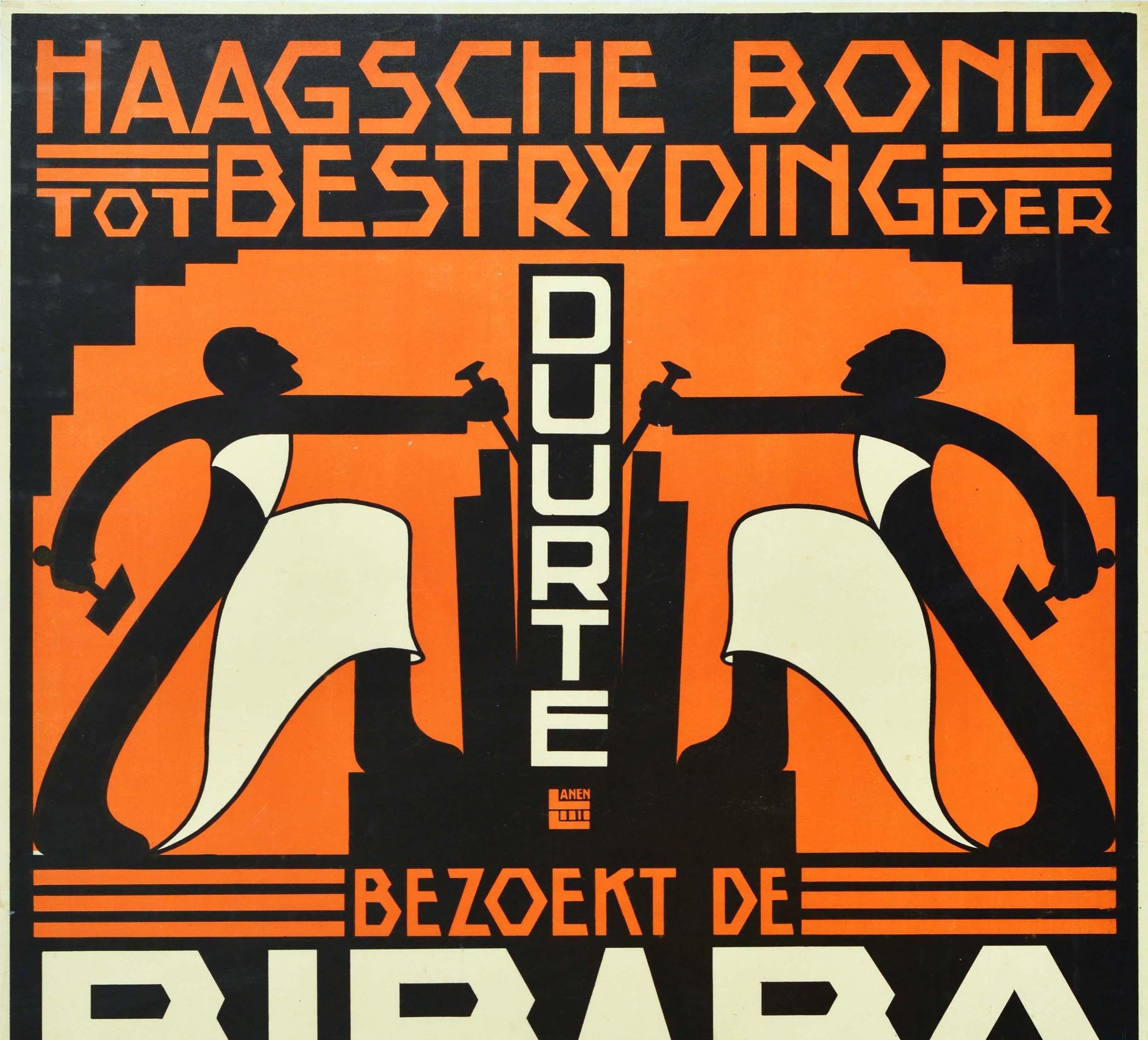 Original antique advertising poster promoting the Bibabo fair in 1921 featuring a dynamic Art Deco style image of two workers in white aprons holding a nail and hammer in each hand with the bold orange and white stylised text on the black background
