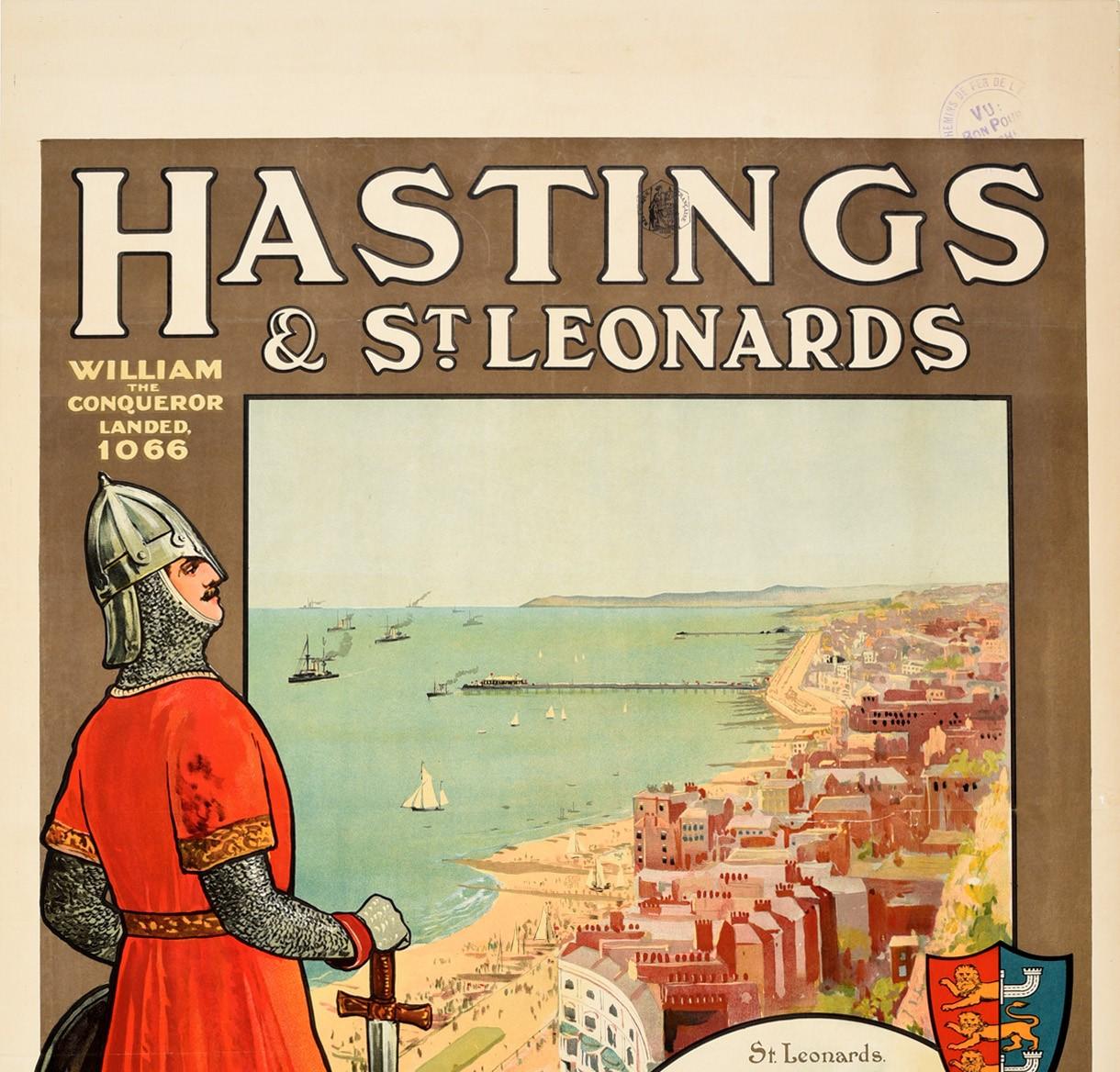 Original antique travel poster advertising the historical South Coast towns of Hastings and St Leonards for Health Scenery & Sunshine all year round Four miles of parade & sea front - featuring a great design depicting a scenic seaside view entitled