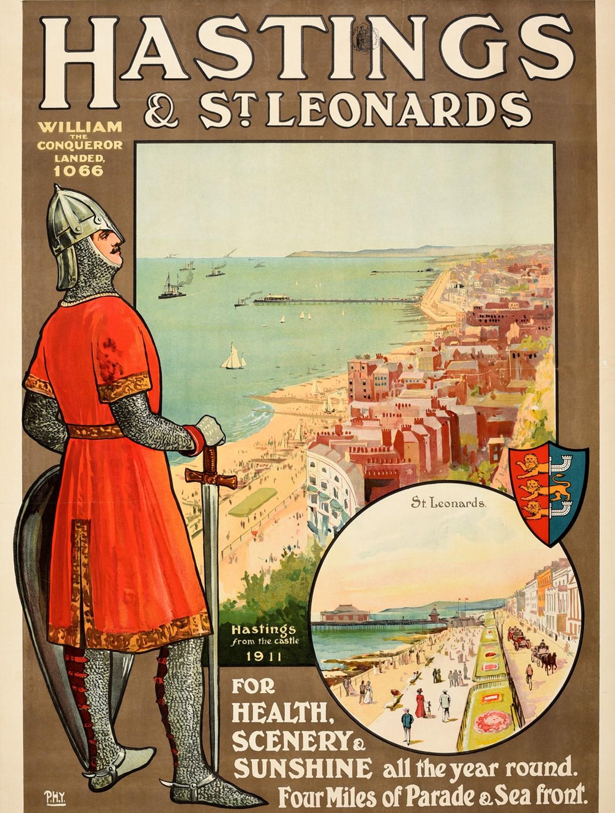 Original Antique Poster Hastings St Leonards William The Conqueror Travel Paris In Good Condition For Sale In London, GB