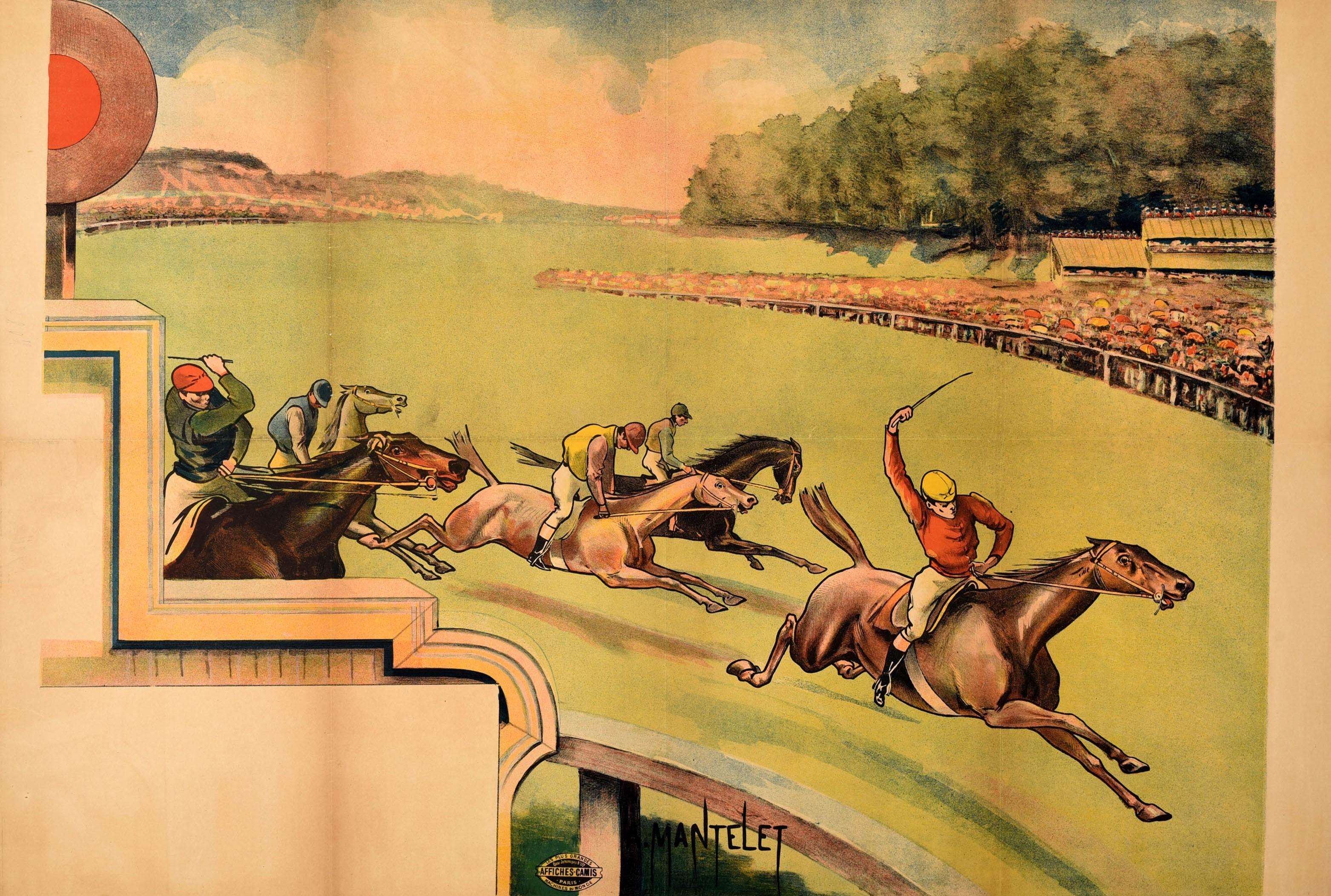 Original antique equestrian sport poster for horse racing featuring an illustration by the painter Albert Mantelet (Albert Mantelet-Goguet; 1858-1958) depicting jockeys riding horses around a corner on a flat turf grass track towards the finish post