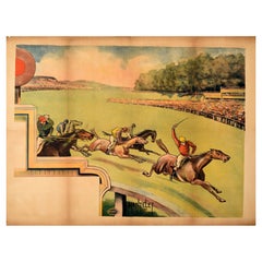 Affiche d'antiquités originale de course de chevaux Jockey, sport équestre, finition d'œuvre