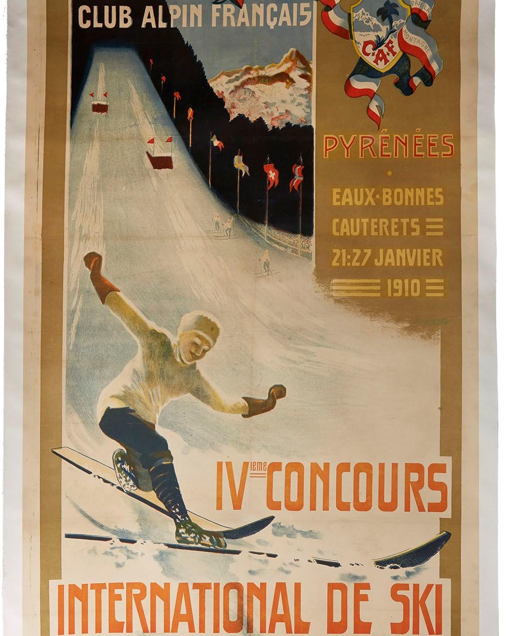 Originales antikes Wintersportplakat für den 4. Internationalen Ski-Wettbewerb, der vom französischen Alpenverein Alpin Francais (CAF; gegründet 1874), der vom 21. bis 27. Januar 1910 in den Pyrenäenorten Eaux Bonnes und Cauterets stattfand. Es