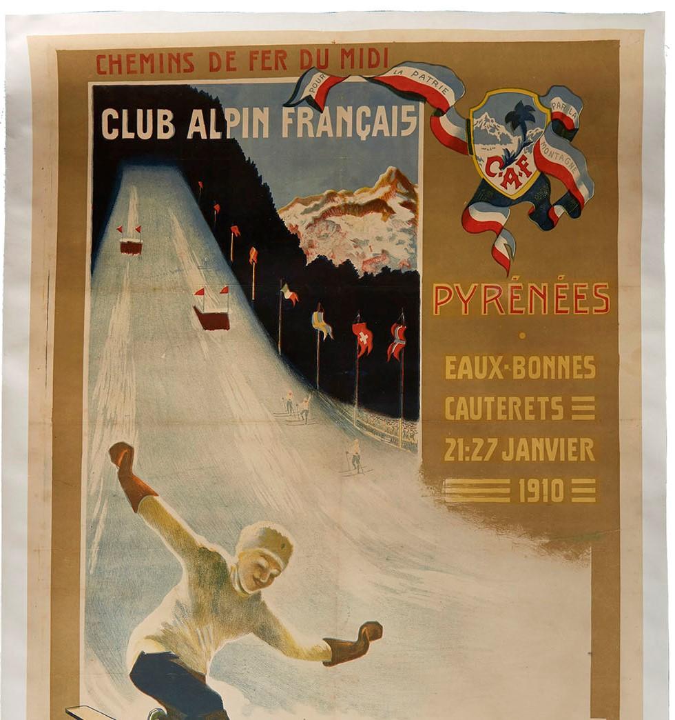 French Original Antique Poster IV Concours International De Ski Jump Alpine Club France For Sale
