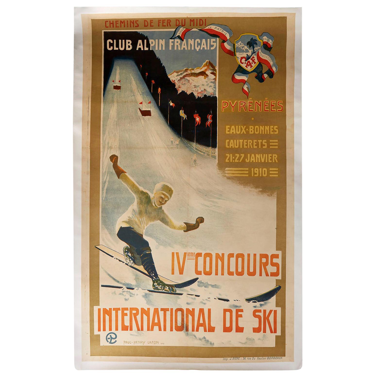 Original Antique Poster IV Concours International De Ski Jump Alpine Club France
