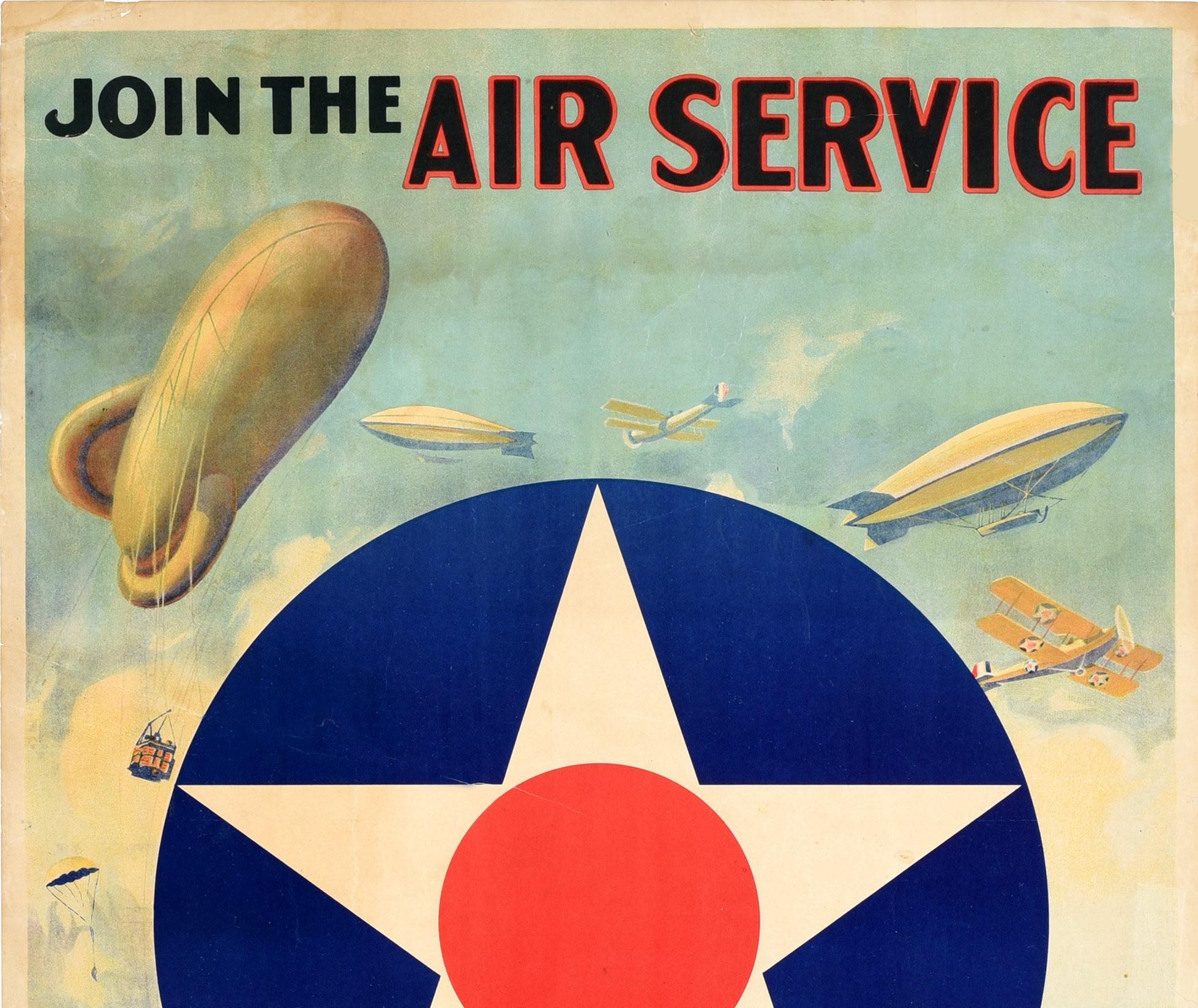 Original antique World War One US Air Force recruitment poster - Join the Air Service Learn Earn - featuring great artwork depicting various aircraft in the sky including a Zeppelin airship and bi-plane flying in a cloudy sky with a parachute on the