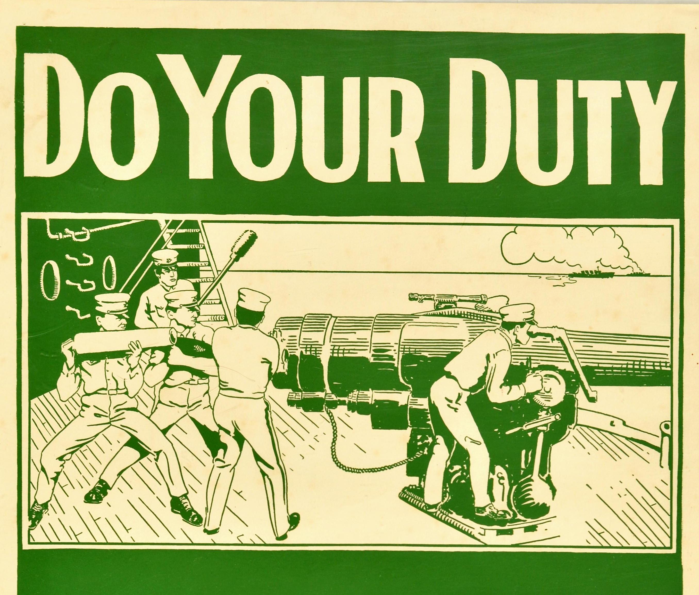 Original antique World War One military recruitment poster - Do Your Duty Join the U.S. Marines Help them defend America on Land and Sea Apply at 429 Custom House Building Baltimore MD - featuring artwork in green and white depicting a scene on