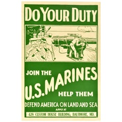 Original Antique Poster Join The US Marines WWI Military Recruitment War Ship
