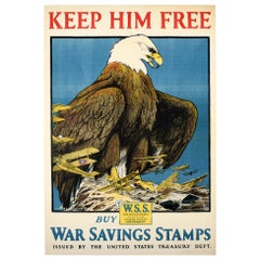 Original Antique Poster Keep Him Free Buy War Savings Stamps WWI American Eagle