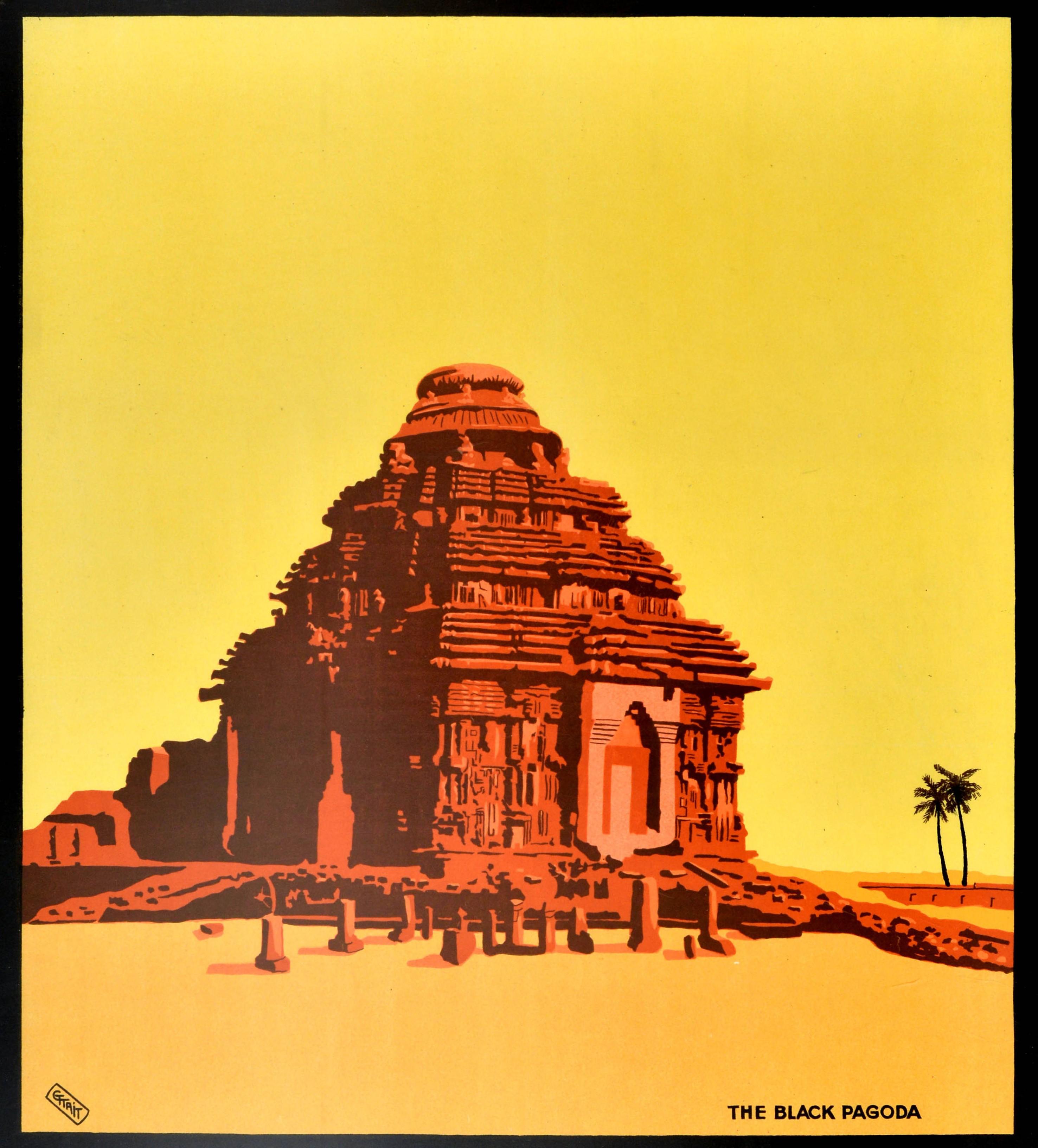 Original antique railway poster for Konarak See India Bengal Nagpur Railway featuring stunning artwork of The Black Pagoda with ruins in the foreground and palm trees on the side set against a yellow background, the bold lettering in red on the