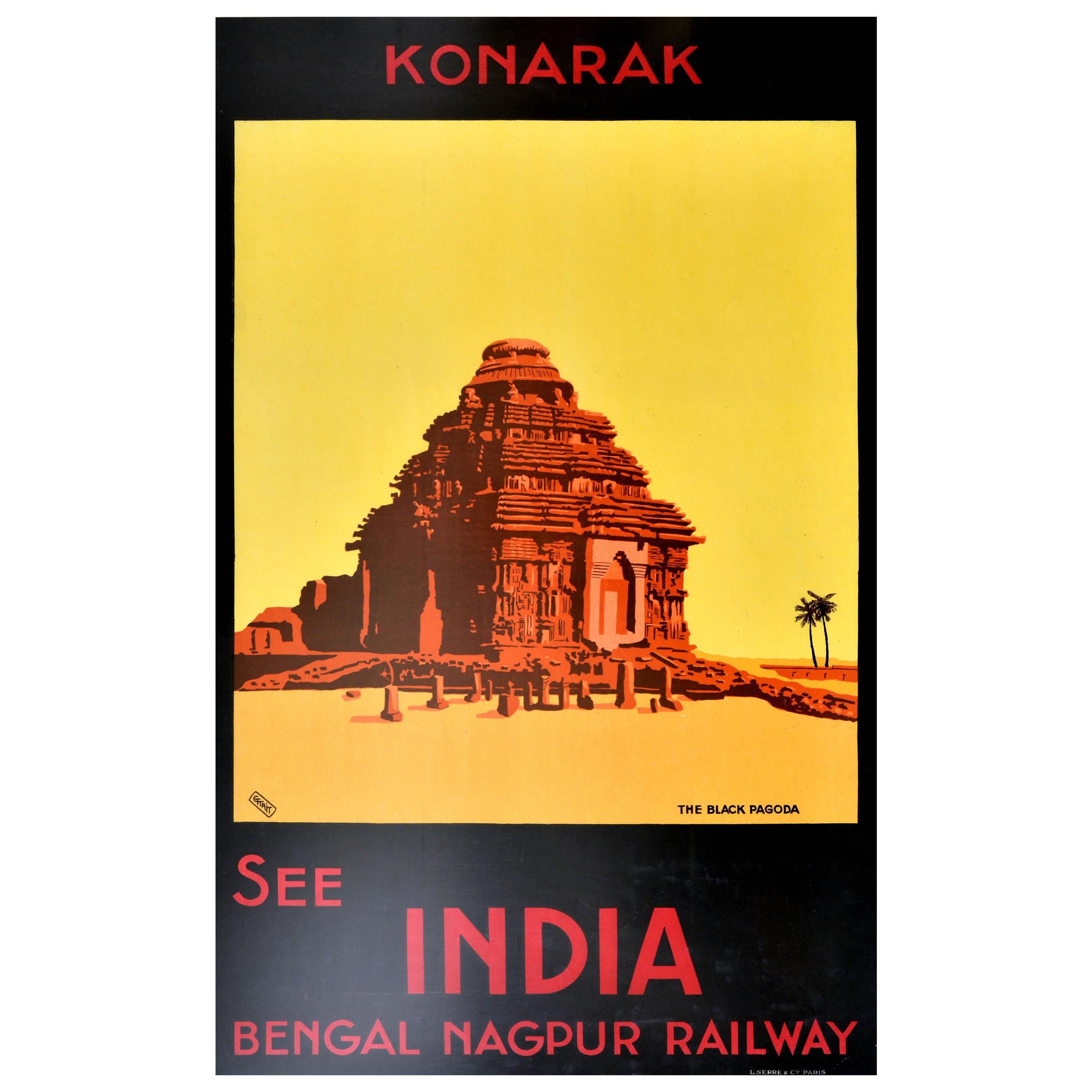 Original Antique Poster Konarak See India Bengal Nagpur Railway The Black Pagoda For Sale