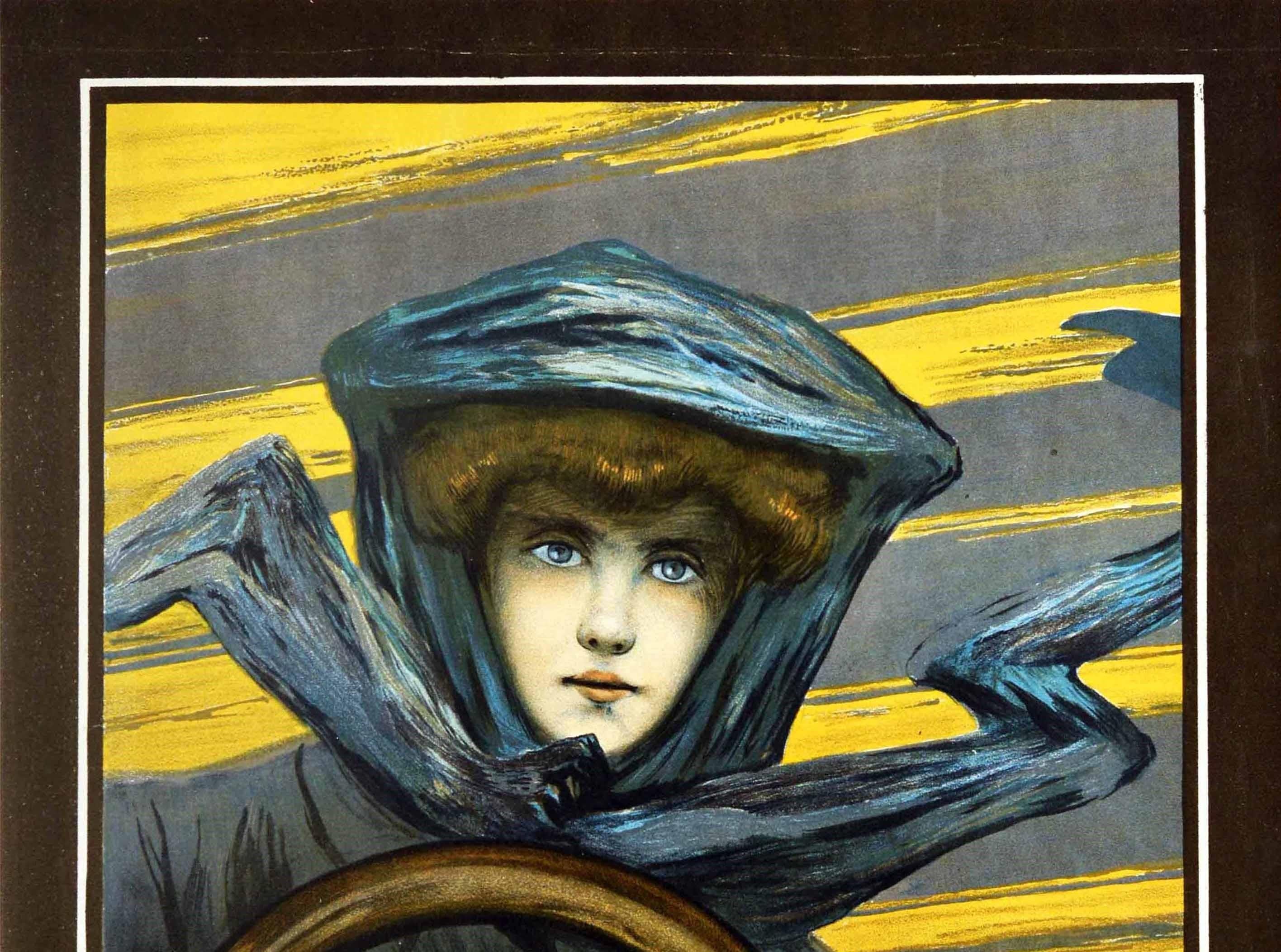 Original antique advertising poster featuring an Art Nouveau style depiction of a lady with blue eyes wearing a coat and driving gloves holding a car wheel, her headscarf on her hat fluttering in the wind as she looks towards the viewer, driving