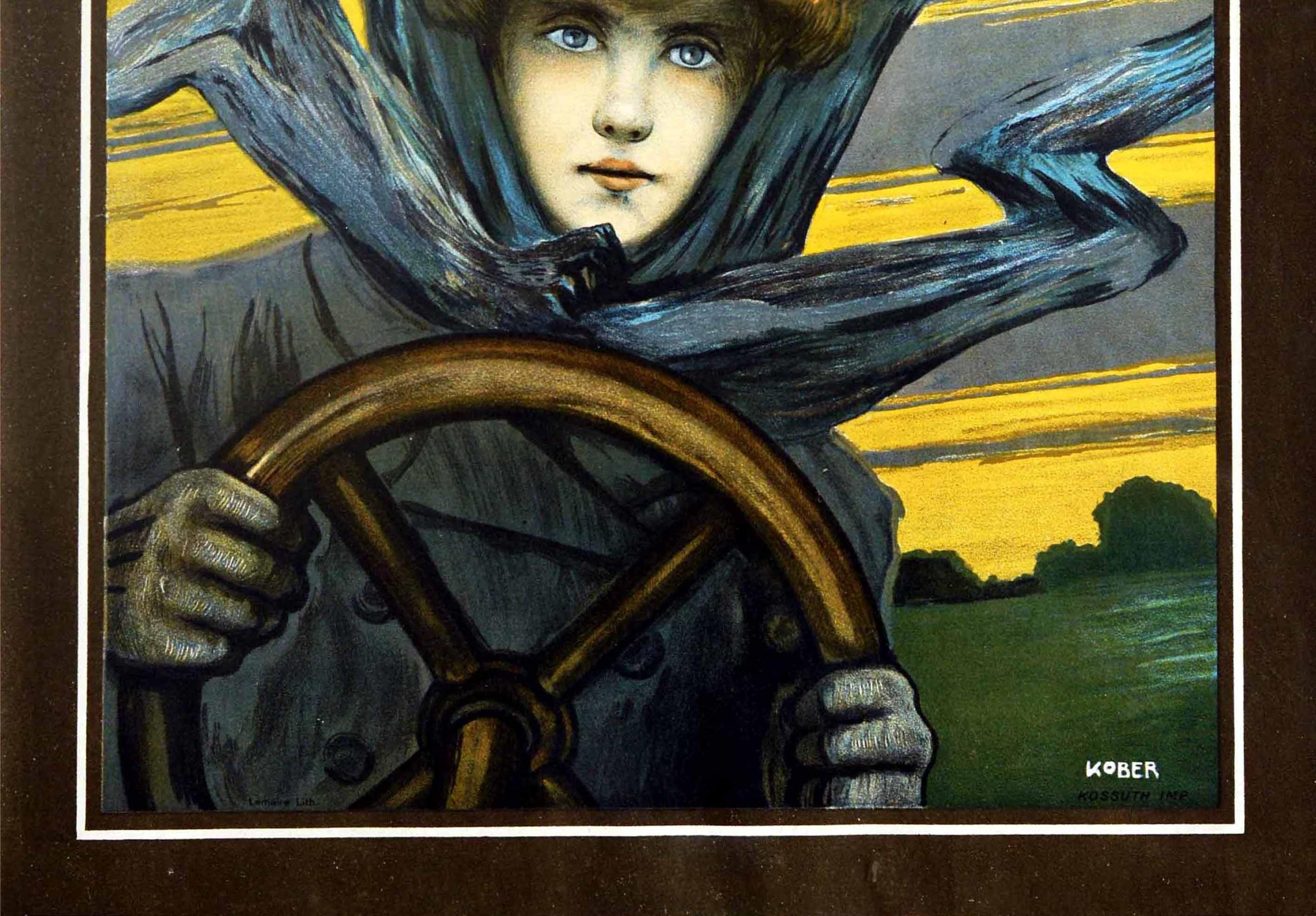French Original Antique Poster Lady Driver Classic Car Art Nouveau Automobile Artwork For Sale