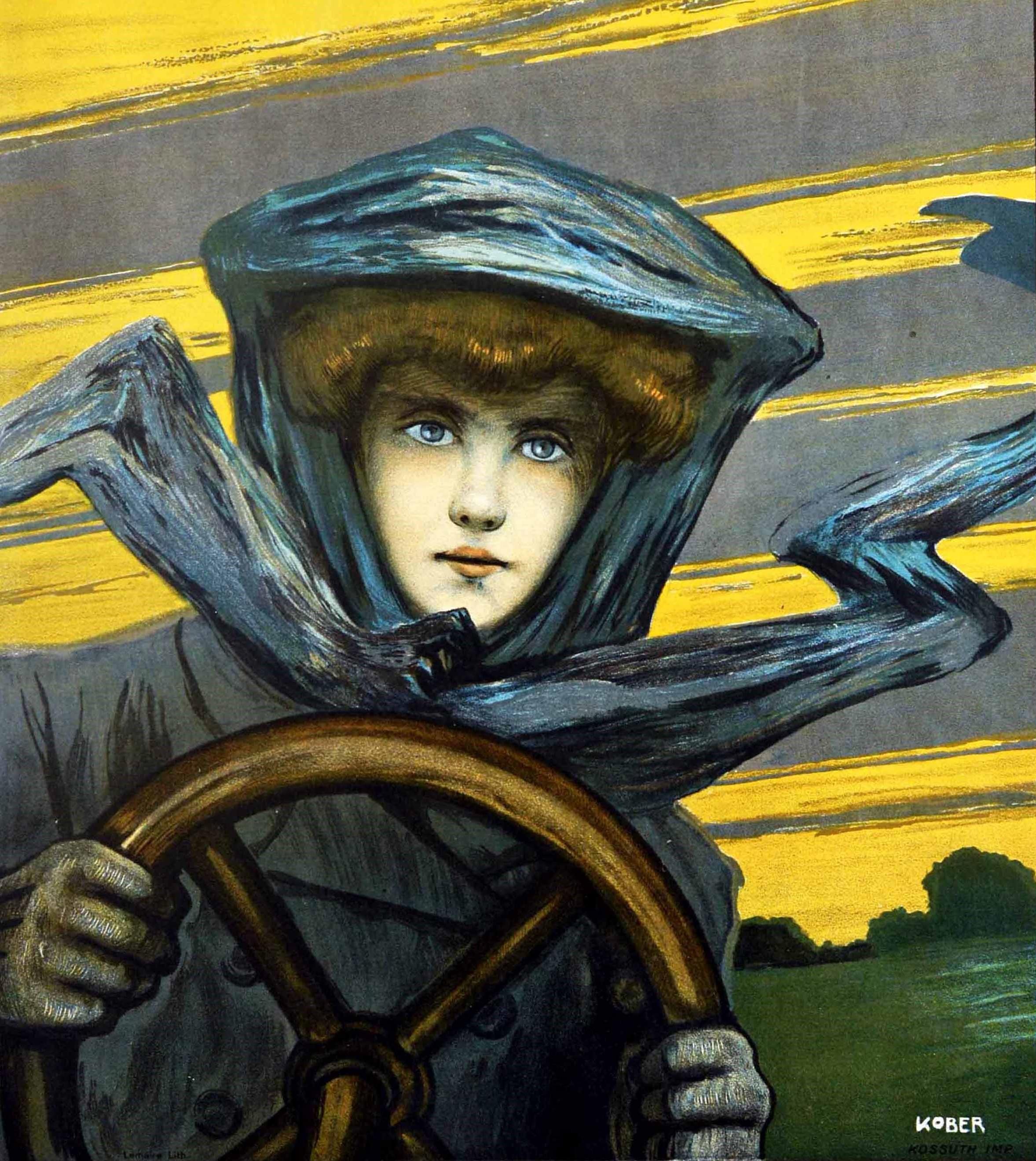 Original Antique Poster Lady Driver Classic Car Art Nouveau Automobile Artwork In Good Condition For Sale In London, GB