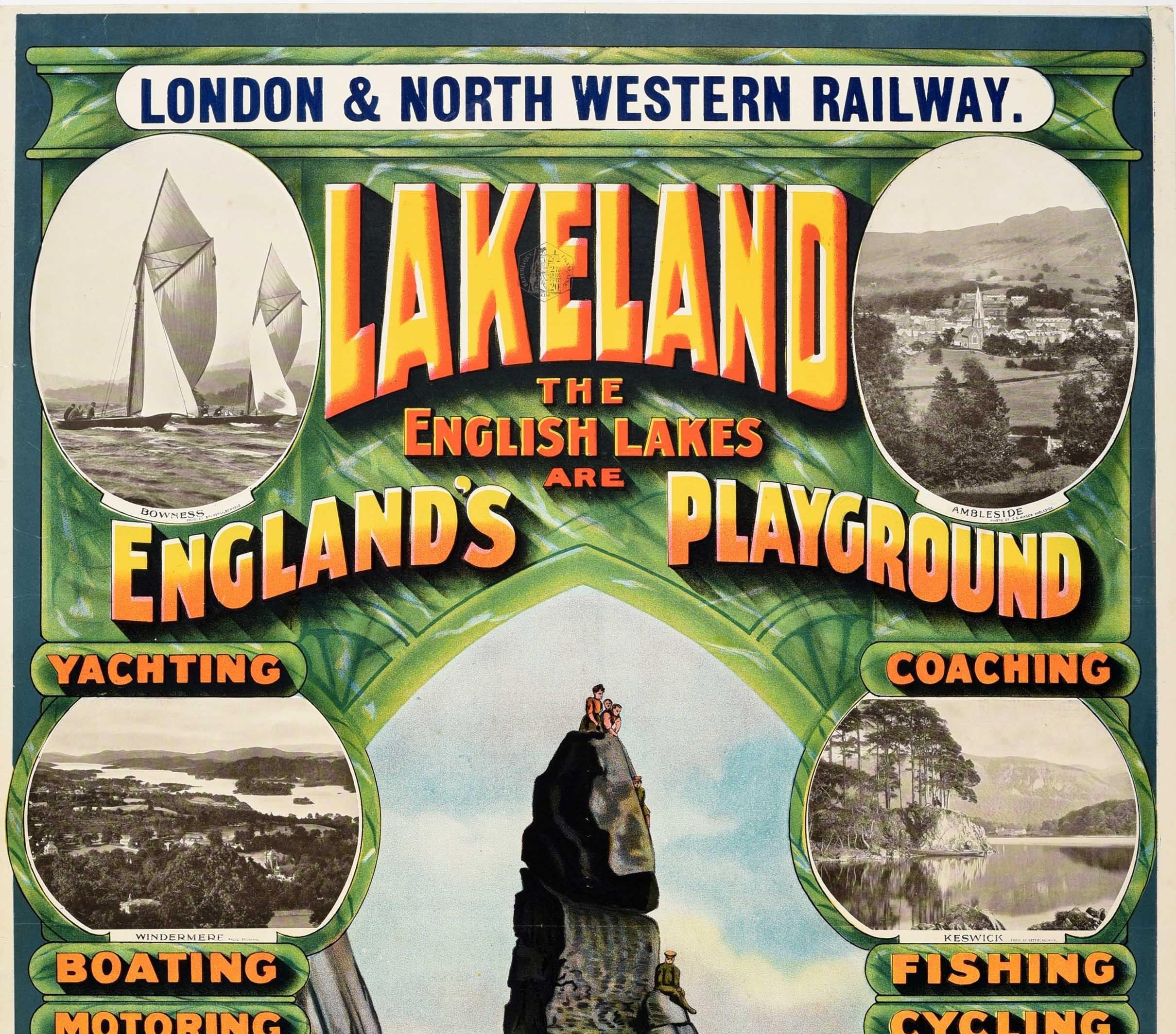 Original antique London & North Western Railway travel poster - Lakeland The English Lakes are England's Playground - featuring black and white image of scenic views and the activities on offer in the Lake District including sailing and historic