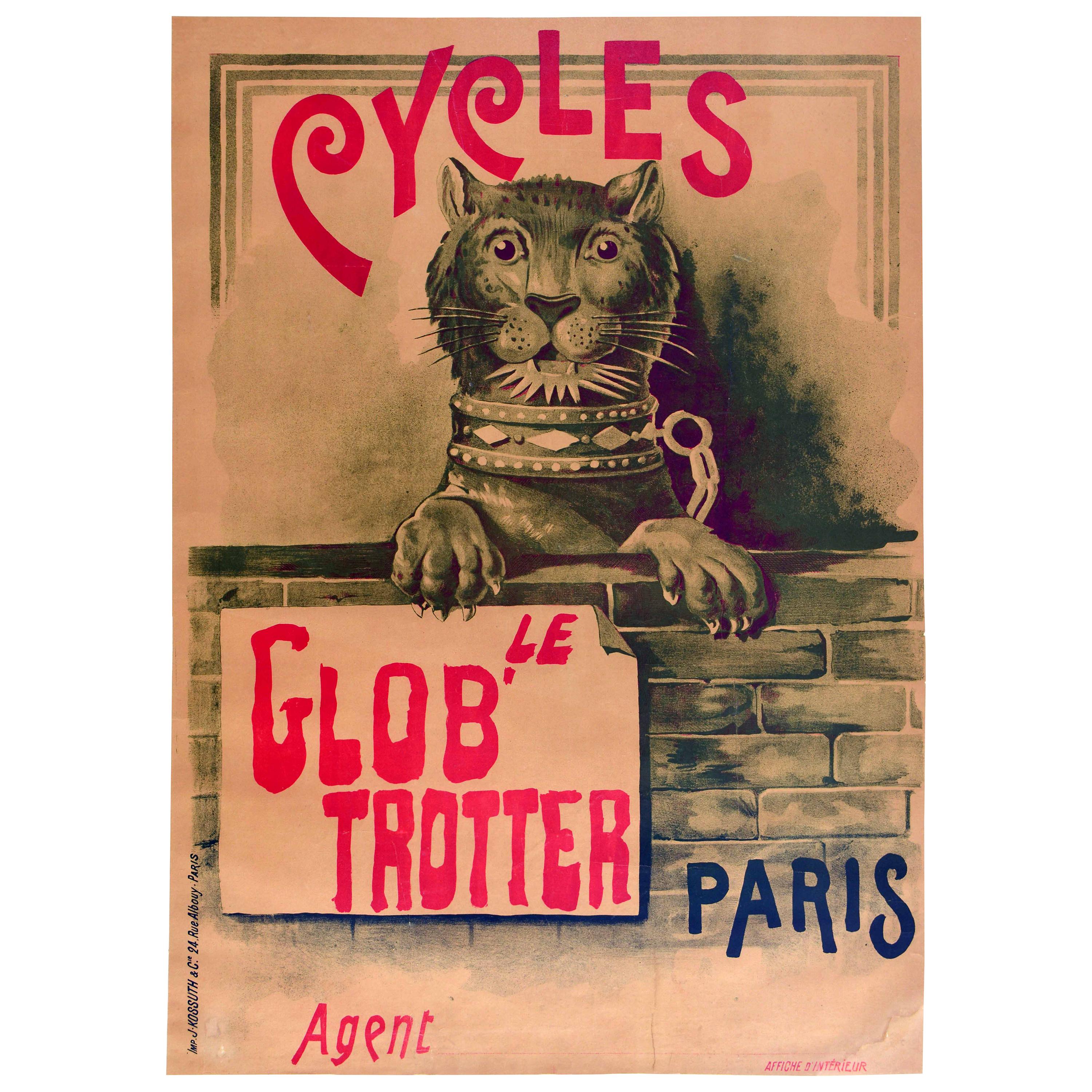 Affiche vintage d'origine Le Glob' Trotter Cycles, Paris, vélo design lion