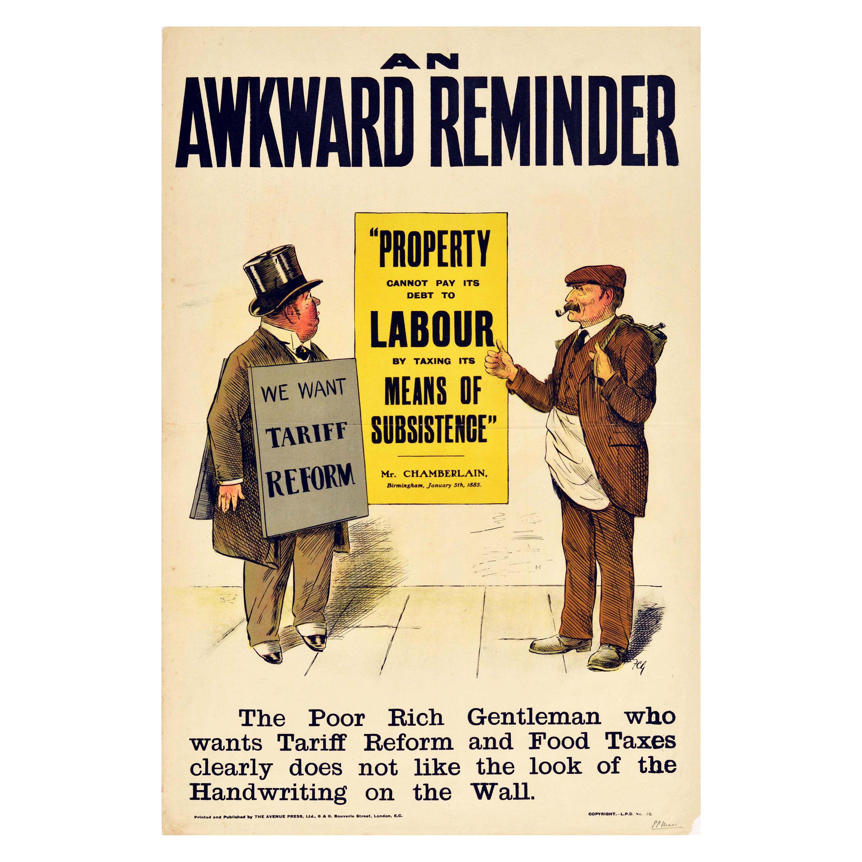 Original Antique Poster Liberal Party An Awkward Reminder Food Tax Tariff Reform