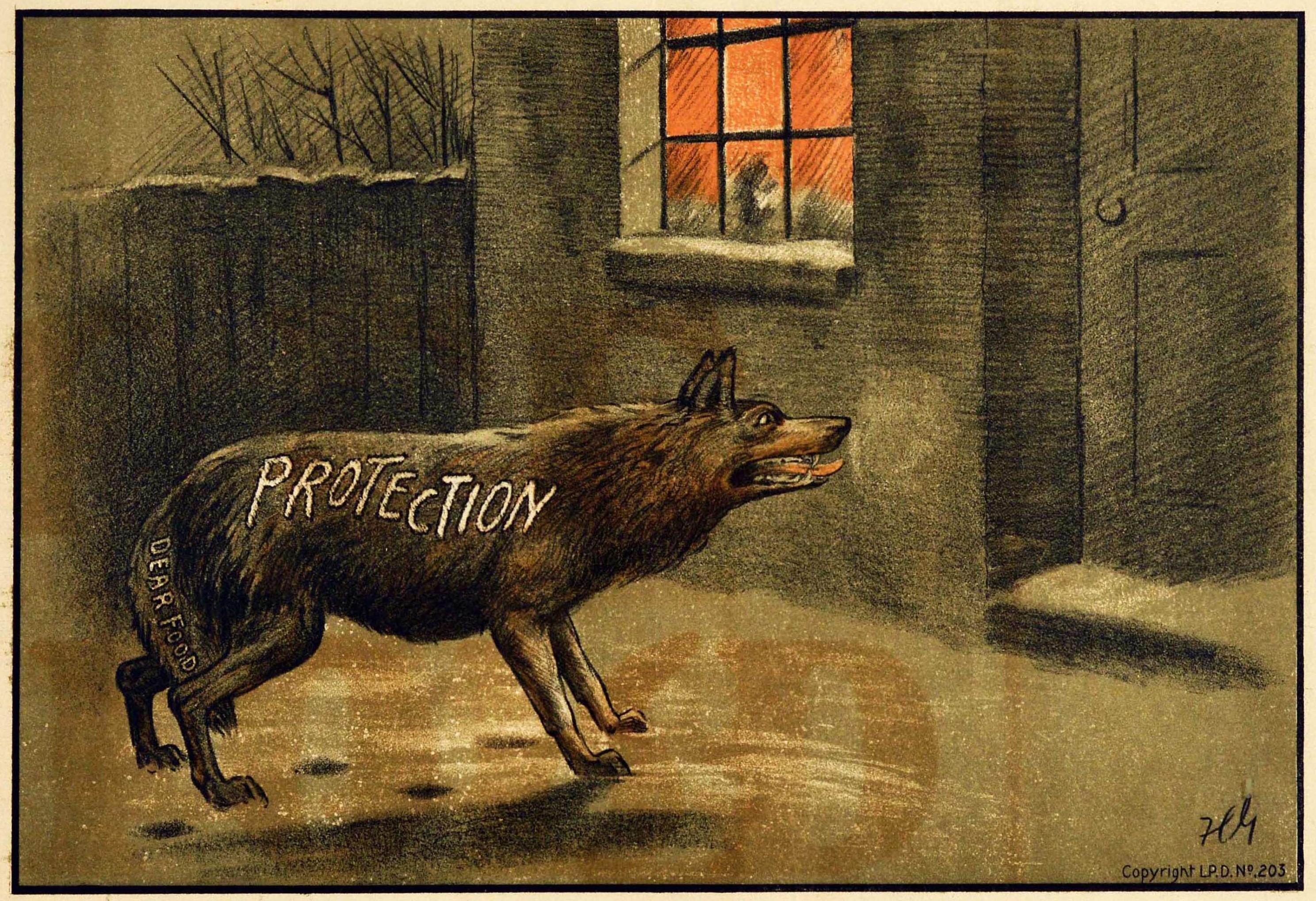 Original antique political election propaganda poster issued by the Liberal Party - Keep the Wolf from the Workman's Door by Sticking to Free Trade - featuring an illustration of a panting wolf with Protection marked on his body and Dear Food