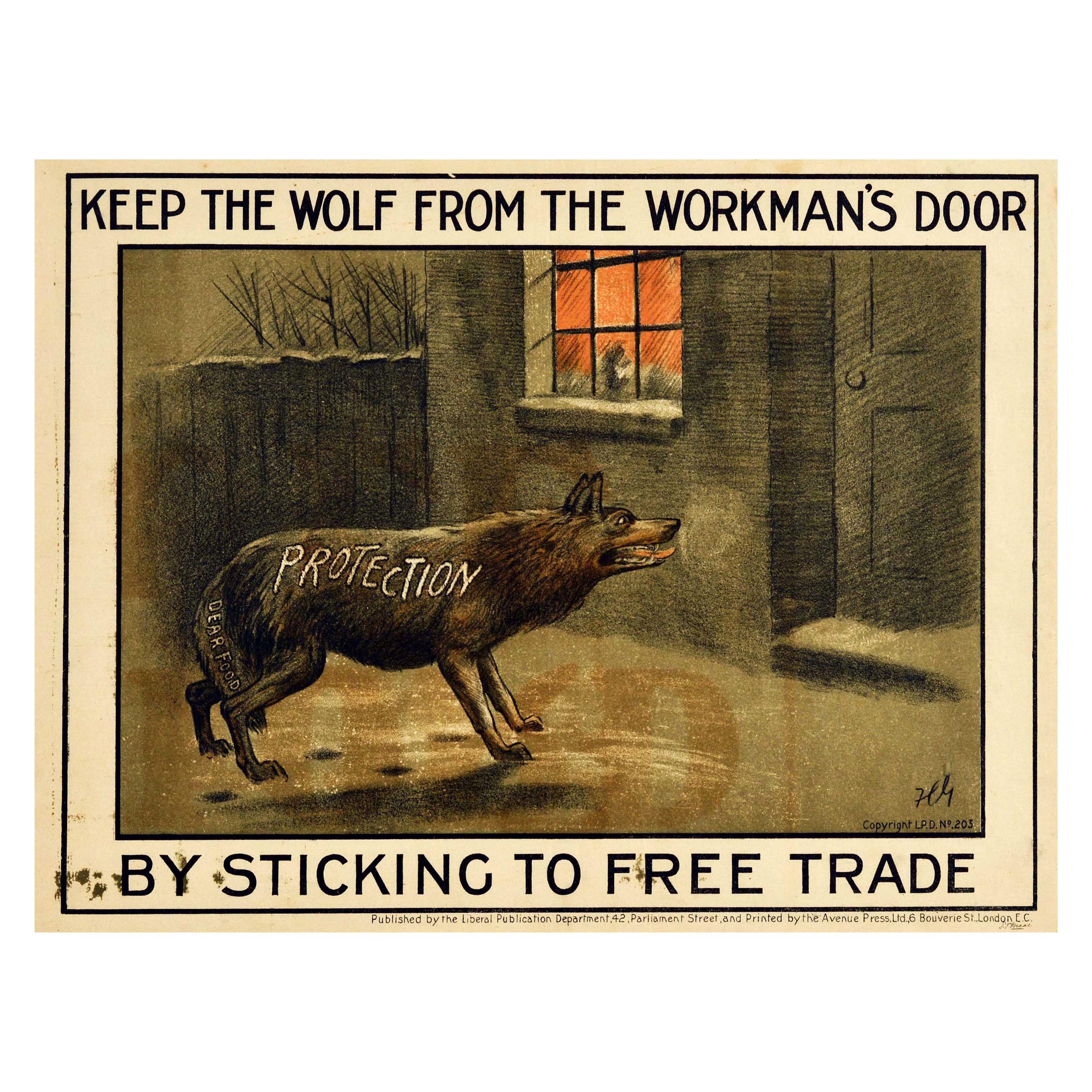 Ancienne affiche originale, Parti libéral, Politique, Libre-échange, Protection, Dessin de loup