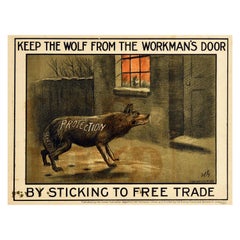 Original Antique Poster Liberal Party Politics Free Trade Protection Wolf Design