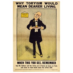 Original Antikes Originalplakat liberale Partei Politik Tory Party Dearer Living Lebensmittelsteuer