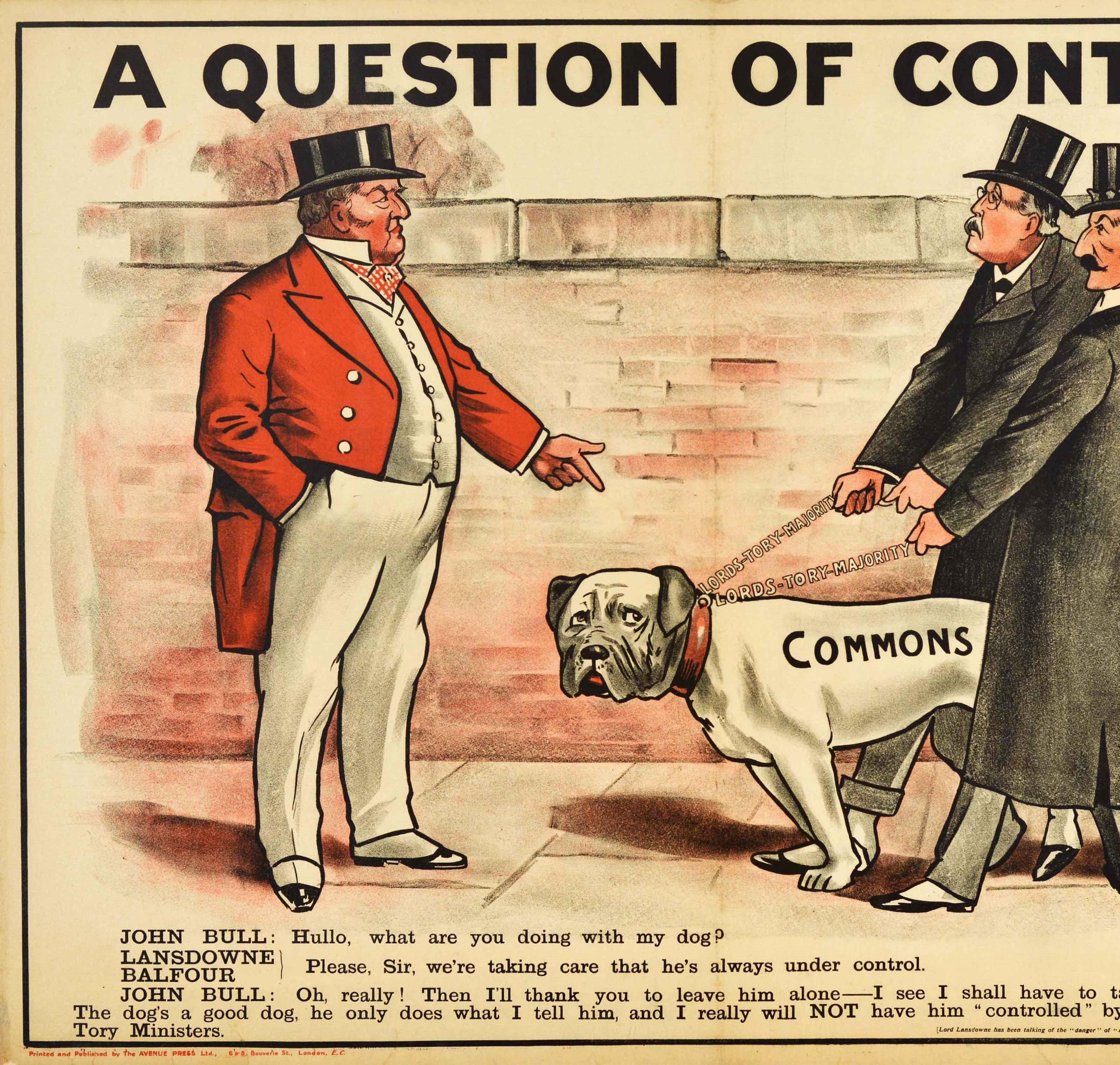 Original antique political election propaganda poster issued by the Liberal Party - A Question Of Control - featuring an illustration of John Bull wearing a red jacket and top hat stopping the British statesman Henry Petty-Fitzmaurice 5th Marquess
