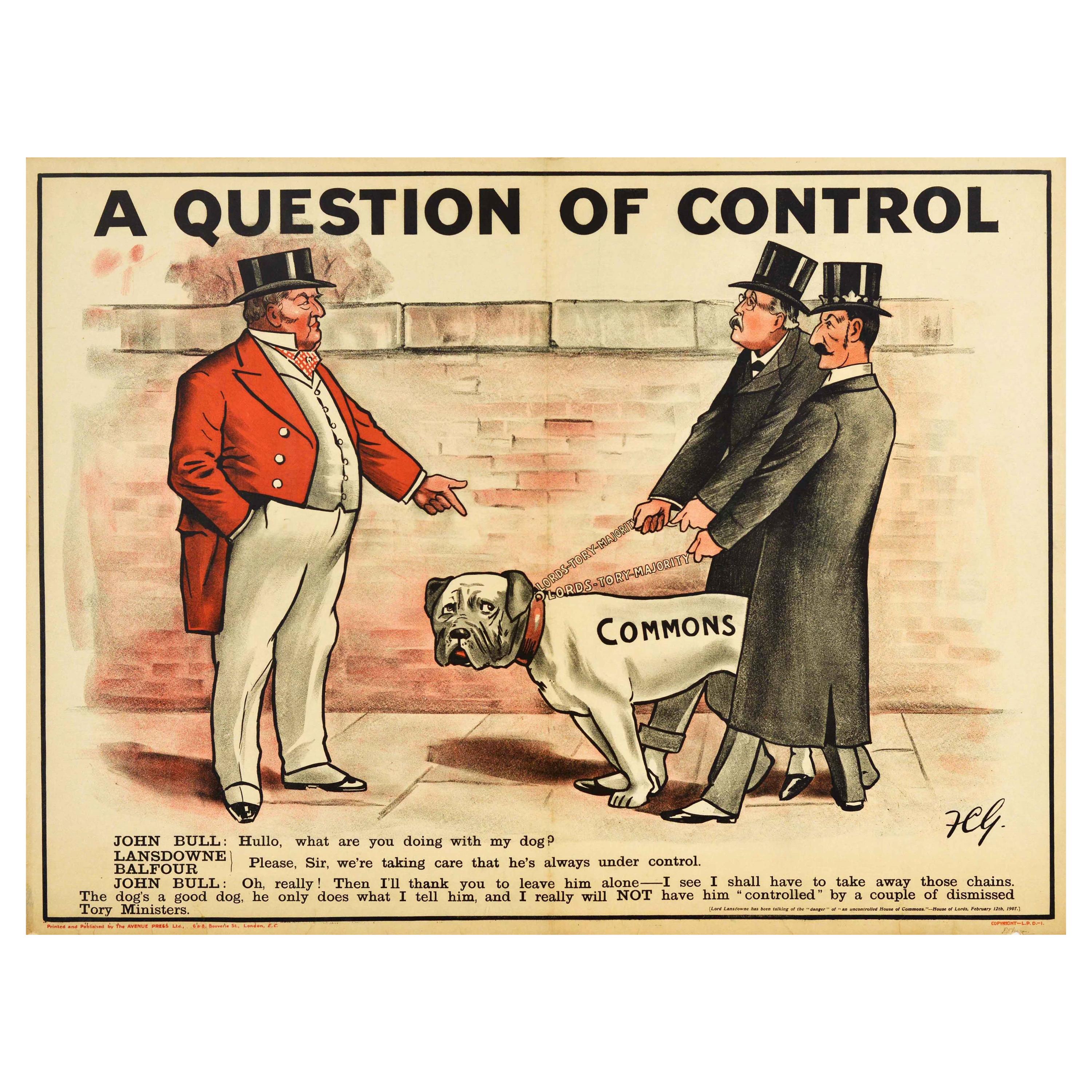 Original Antique Poster Liberals Control Commons Lords Tory John Bull Dog Design For Sale