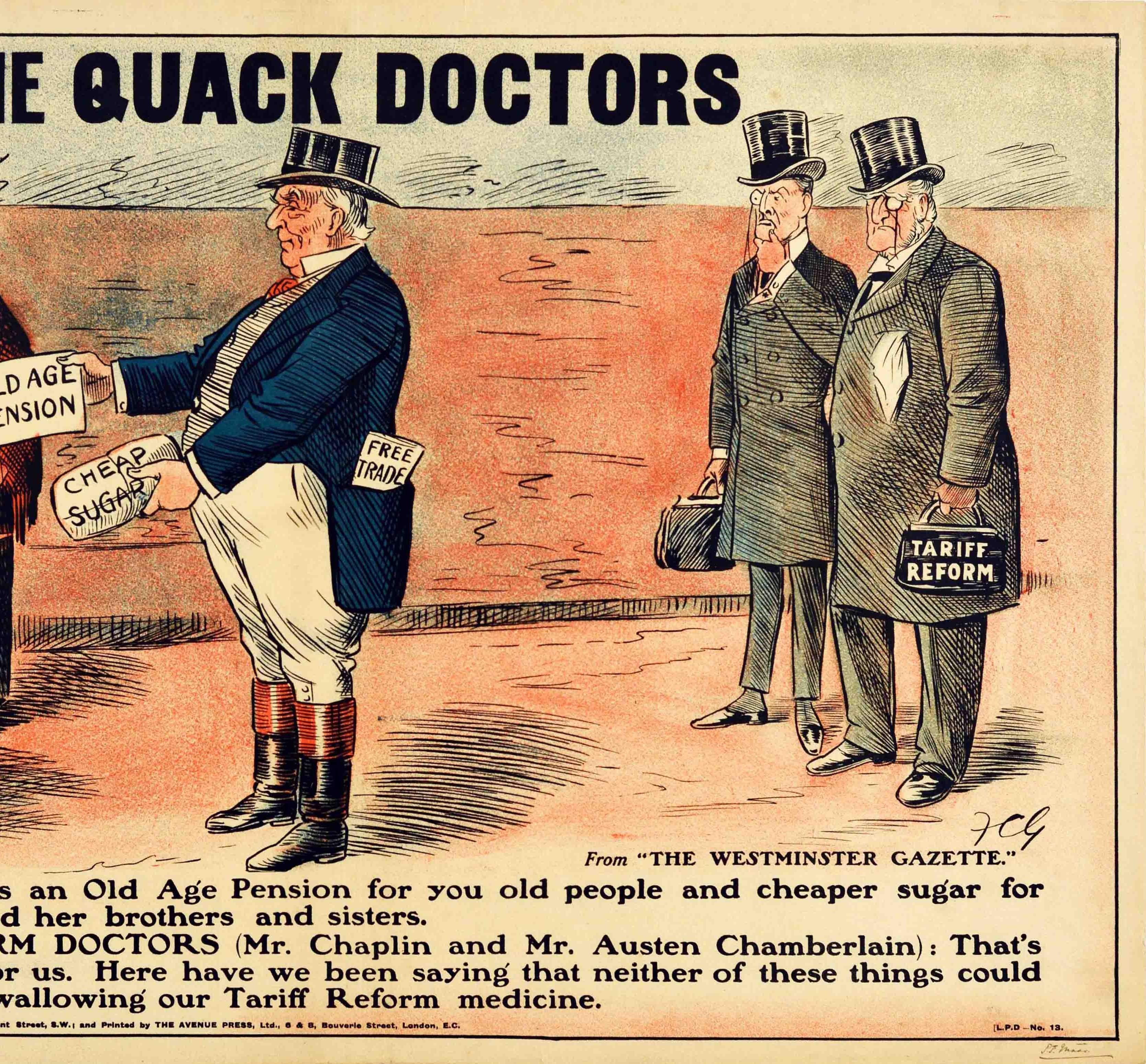 Antikes Original-Poster, liberale Tarifreform, Pensionierung, Freier Handel, Apotheker, Ärzte (Britisch) im Angebot