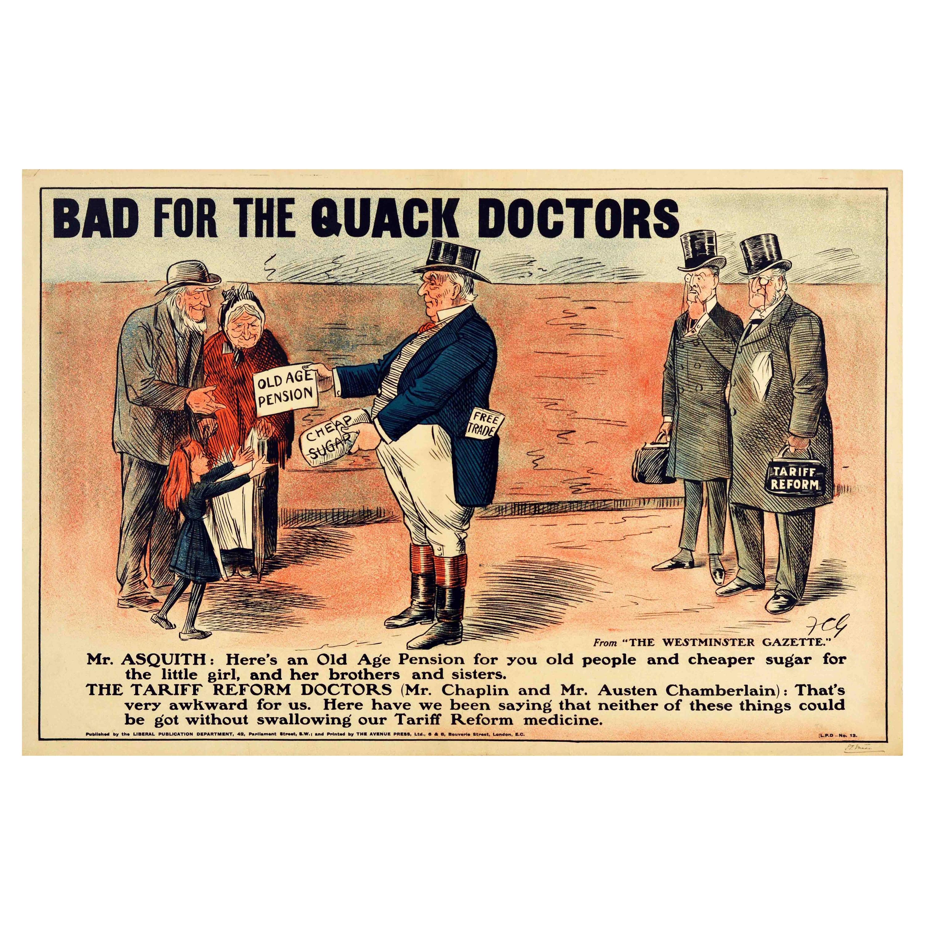 Original Antique Poster Liberals Tariff Reform Pension Free Trade Quack Doctors
