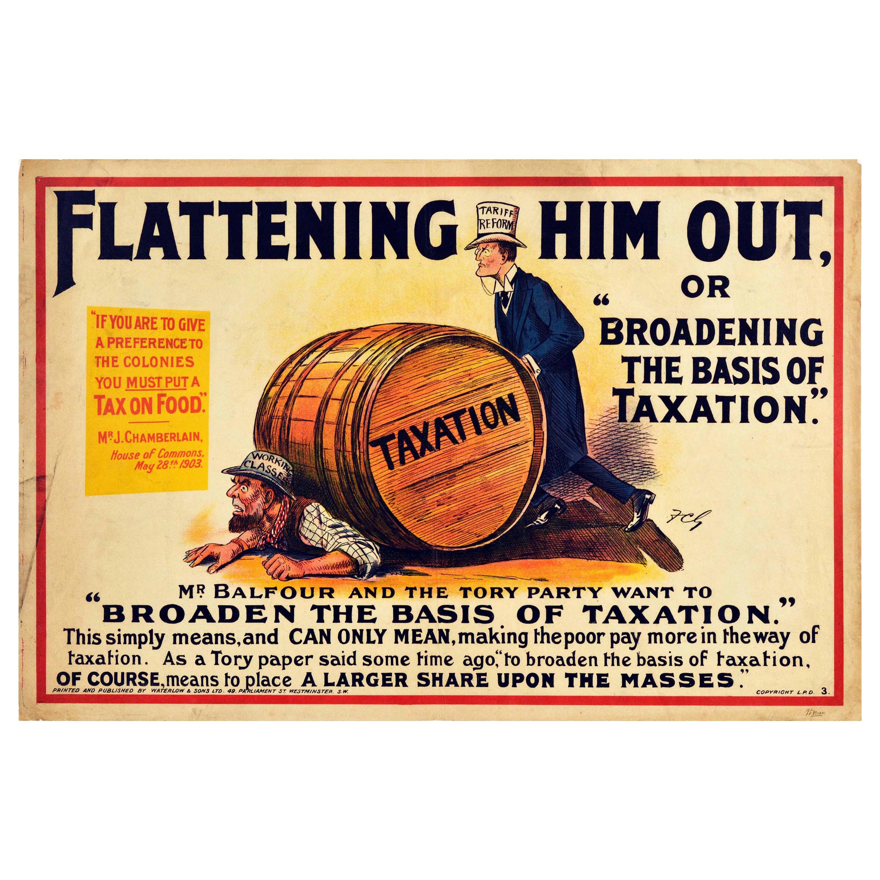 Poster antico originale del Partito Liberale Tory Politica Tassazione Riforma tariffaria Alimentare