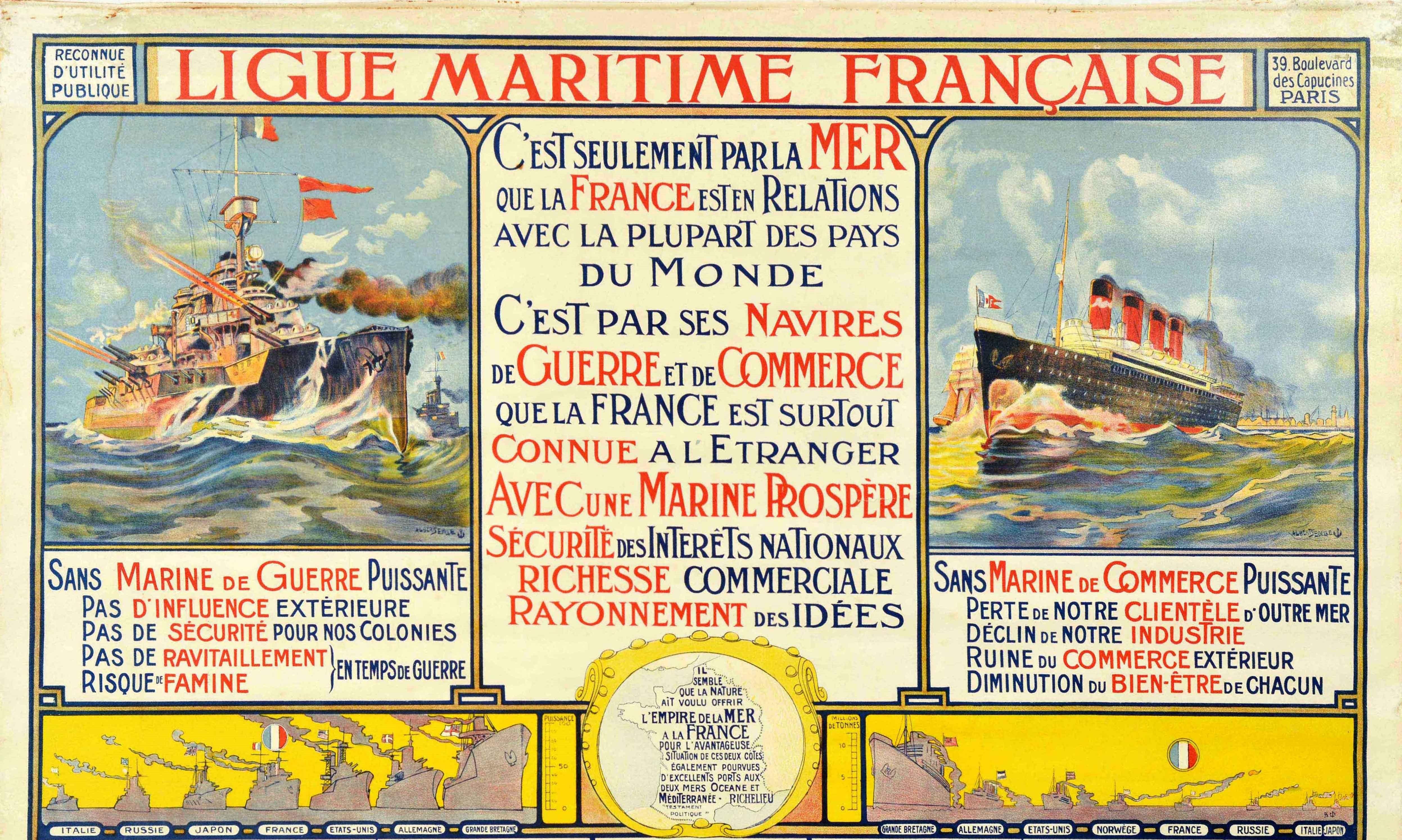 Original antique poster for the Ligue Maritime Francais / French Maritime League featuring a warship firing guns at sea and an ocean liner cruise ship with the benefits of both listed in the centre - C'est seulement par la mer que la France est en