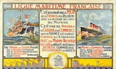 Original Antique Poster Ligue Maritime Francais Navy War Merchant Cruise Ships