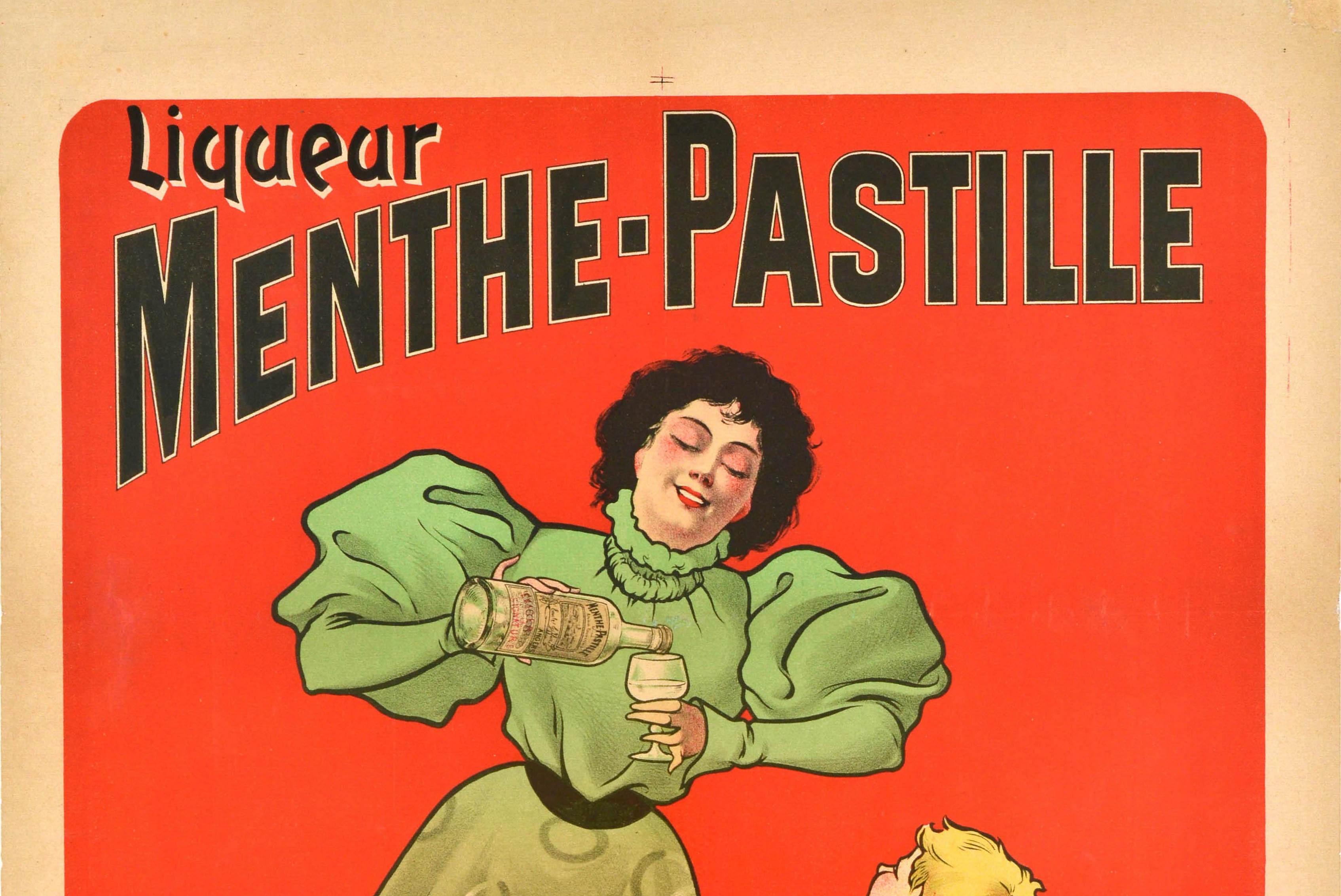 Original antique advertising poster for Liqueur Menthe Pastille E. Giffard distillateur Angers featuring an Art Nouveau style illustration of an elegant lady in a fashionable green dress pouring herself a drink from a bottle into a glass watched by