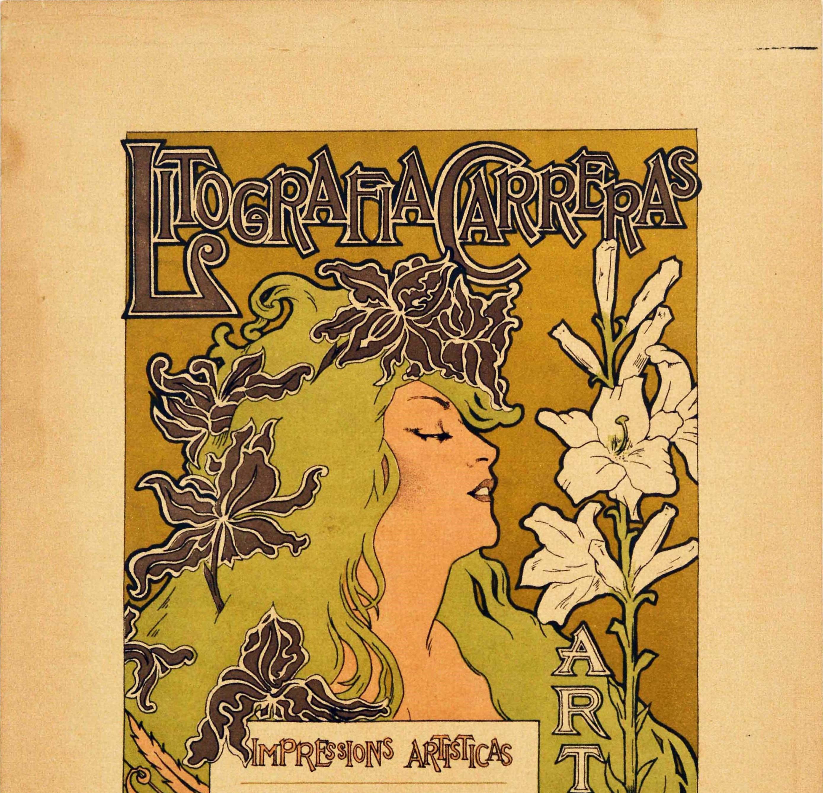 Original antique advertising poster for Litografia Carreras Lithography in the flowing Art Nouveau style of Mucha featuring a stunning image of an elegant lady holding a white lily flower in her hand with the word Art running vertically down next to
