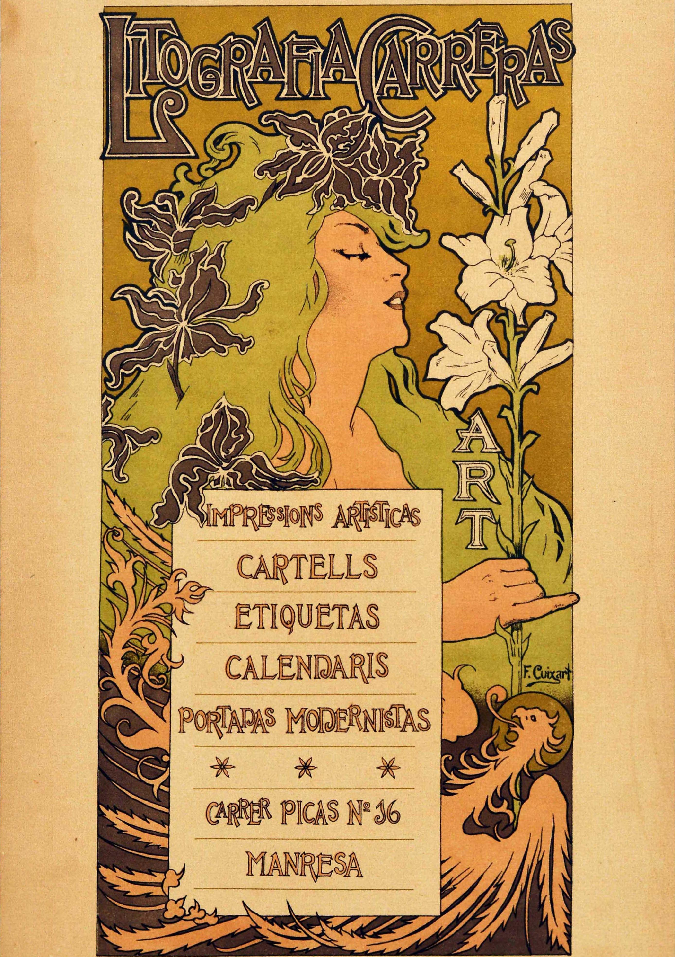 Spanish Original Antique Poster Litografia Carreras Lithography Griffin Lily Flower Art