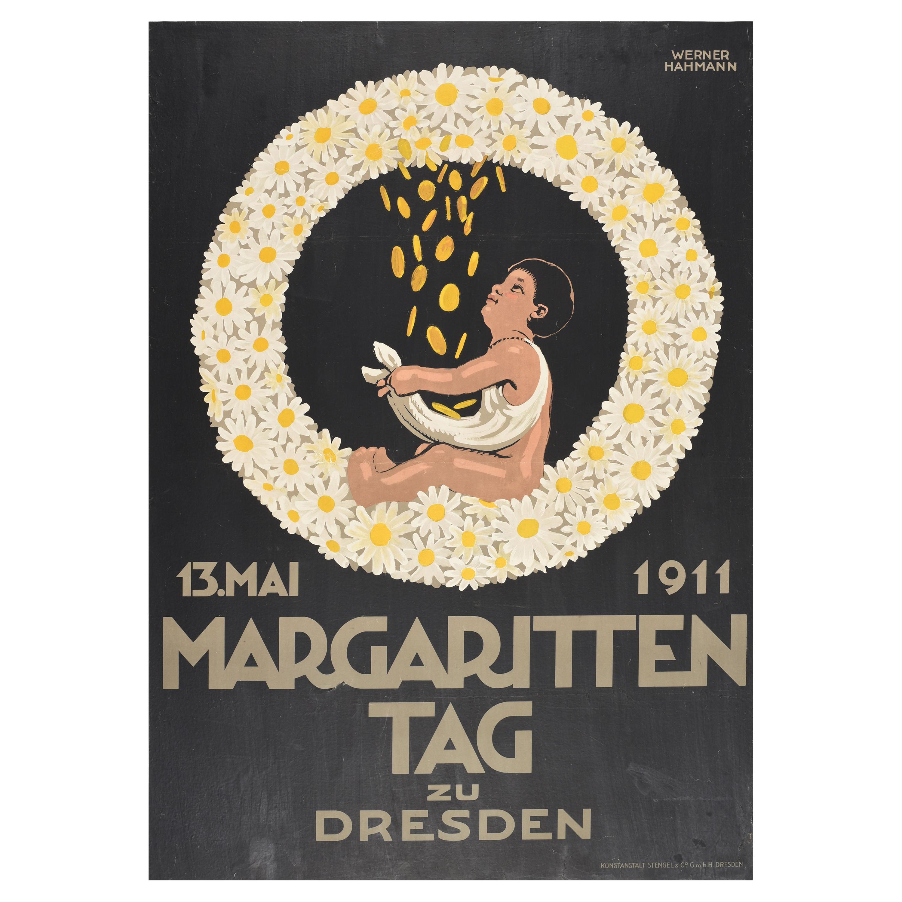 Original Antique Poster Margaritten Tag Dresden Daisy Flowers Child Charity Day For Sale