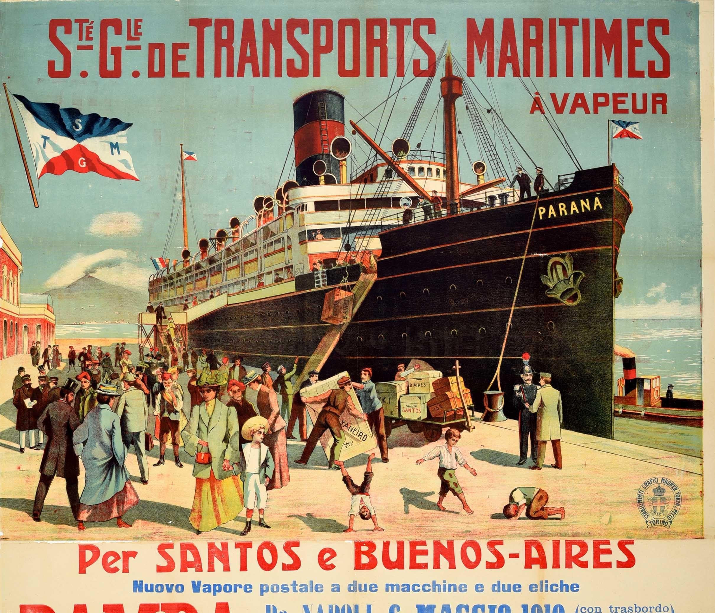 Italian Original Antique Poster Maritime Steam Ship Cruise Travel Italy To South America For Sale
