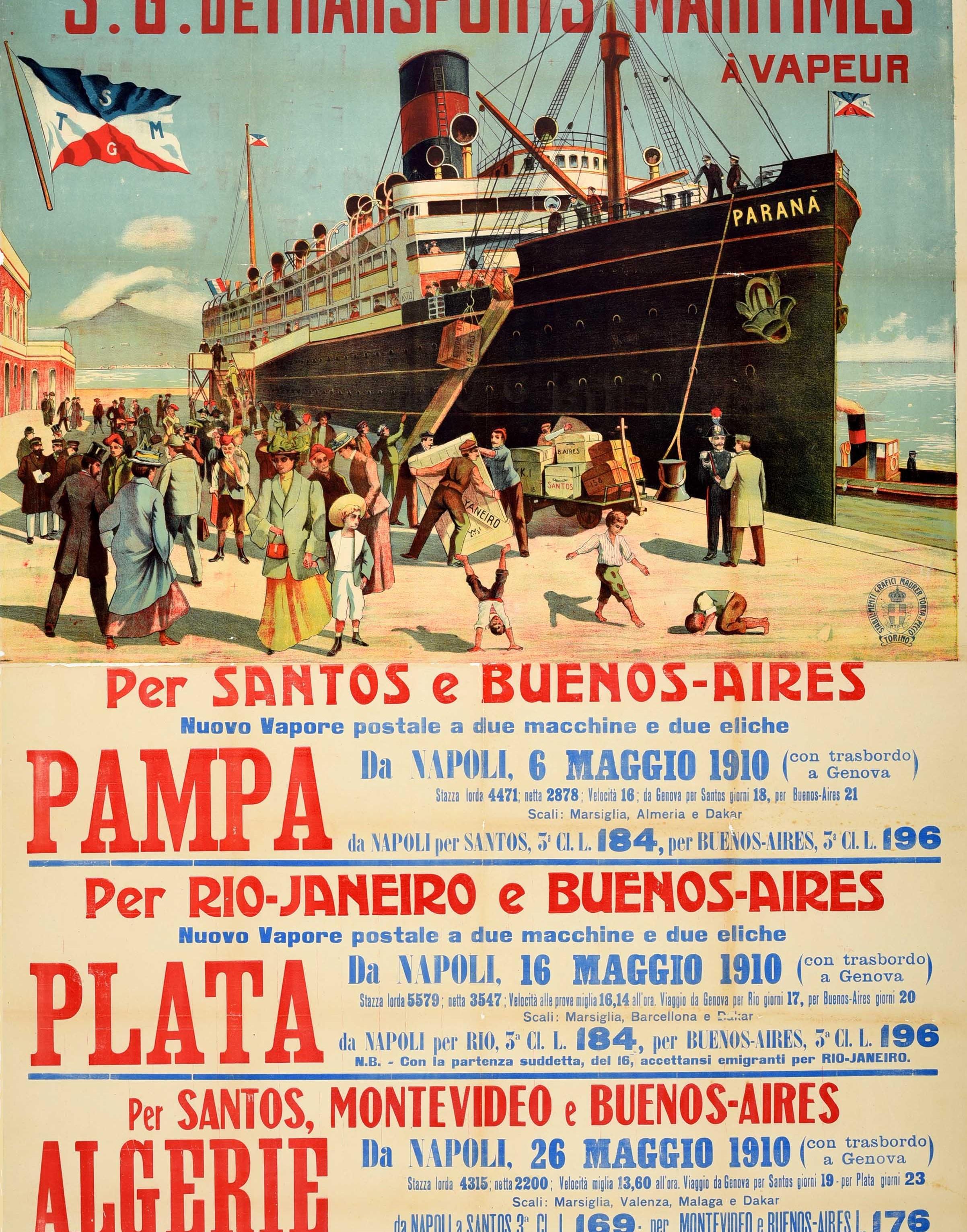 Early 20th Century Original Antique Poster Maritime Steam Ship Cruise Travel Italy To South America For Sale