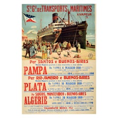 Original Antikes Original-Poster, maritime Dampfschifffahrt, Kreuzfahrt, Reisen, Italien, nach Südamerika