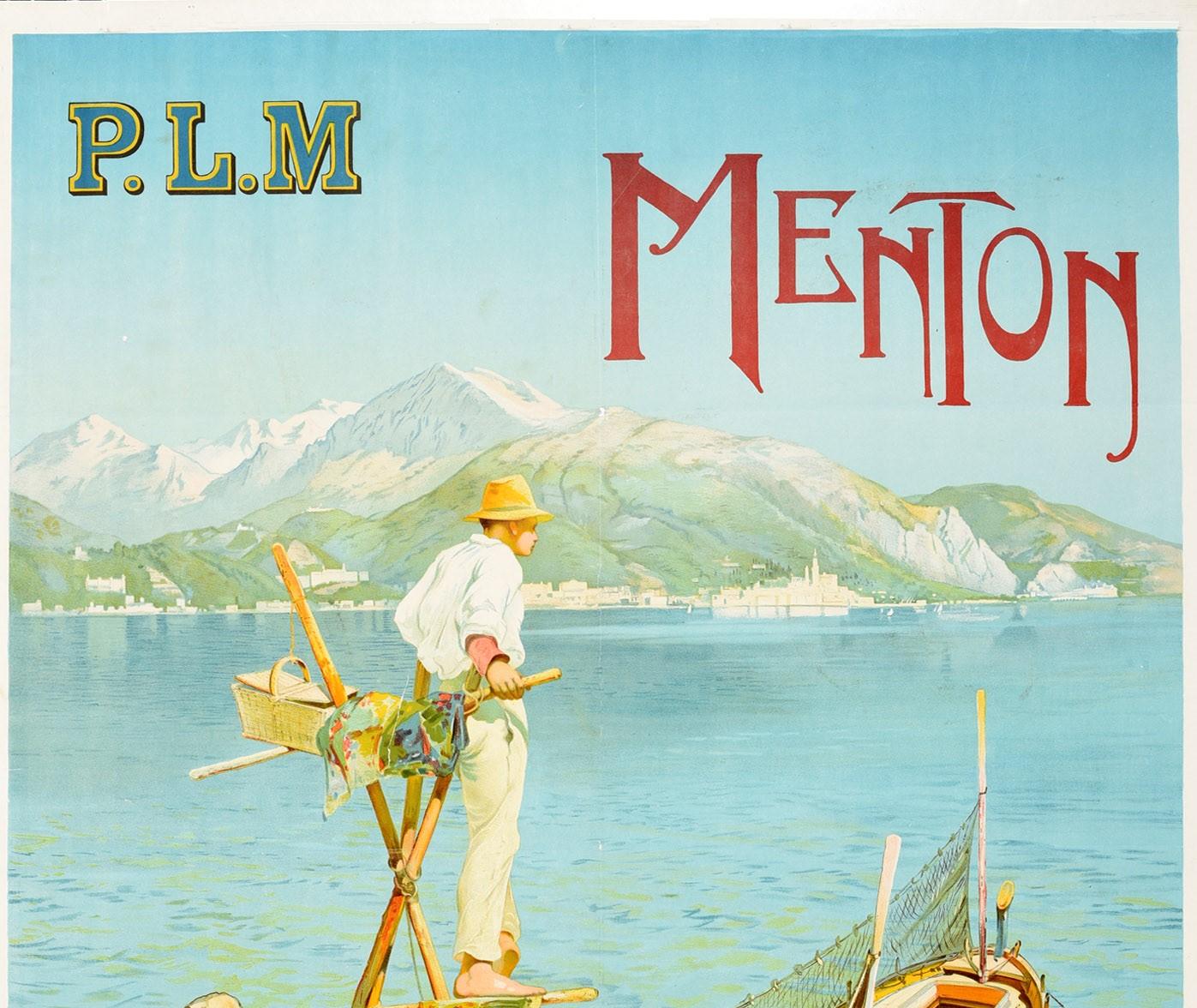 Original antique travel poster for Menton issued by the Paris Lyon Mediterranee PLM railway featuring a scenic image by Ernest Louis Lessieux (1848-1925) of a man standing on a wooden structure on rocks near a wooden fishing boat and nets on the