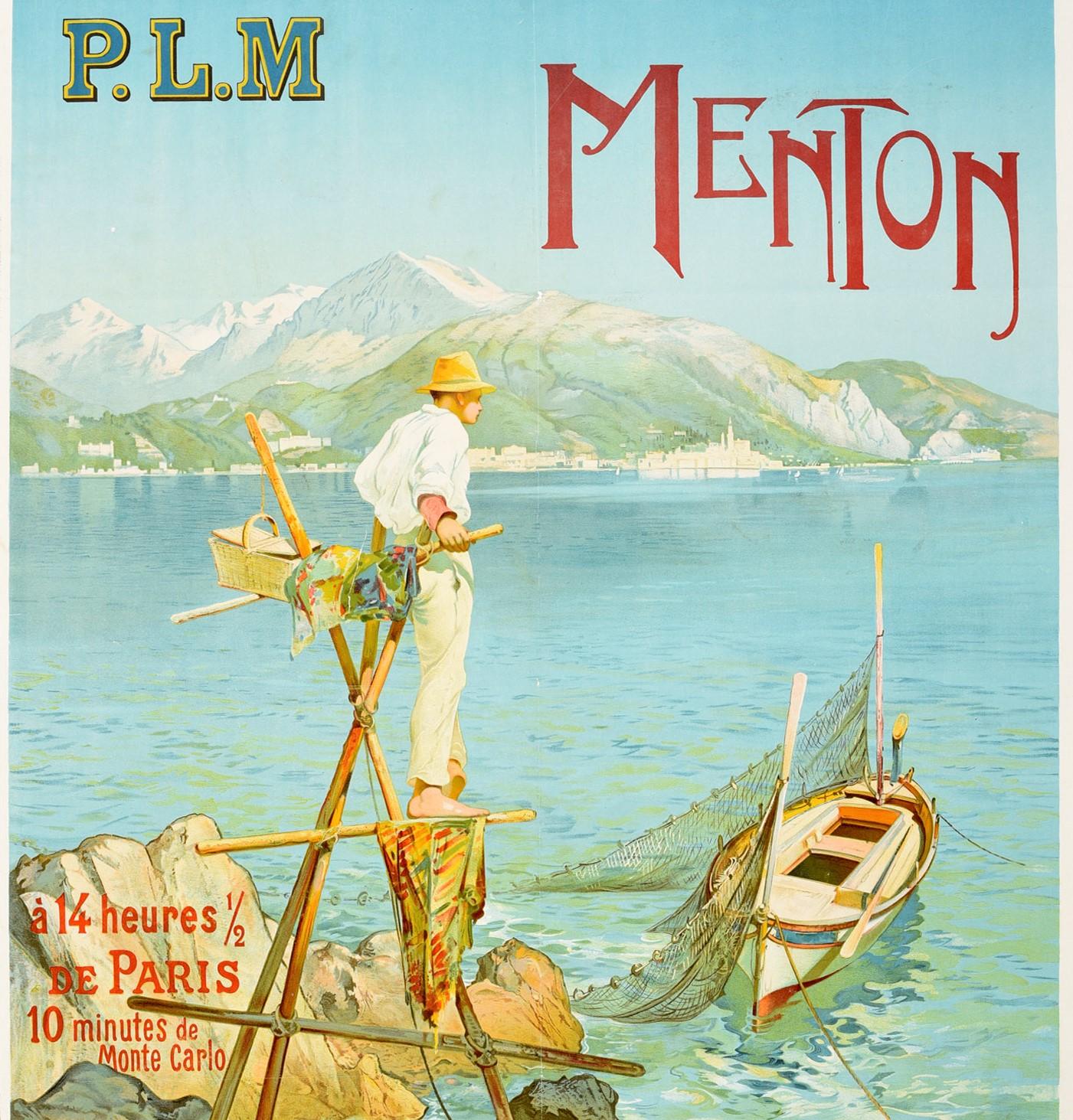 French Original Antique Poster Menton Paris Lyon Mediterranee PLM Railway Travel France